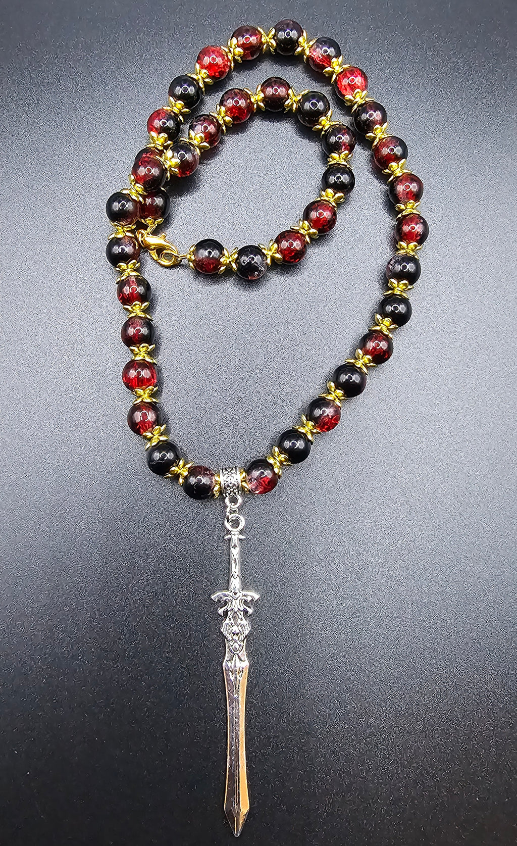 Red & Black Beaded Necklace | Gothic Sword Pendant | Handmade Dark Fantasy Jewellery