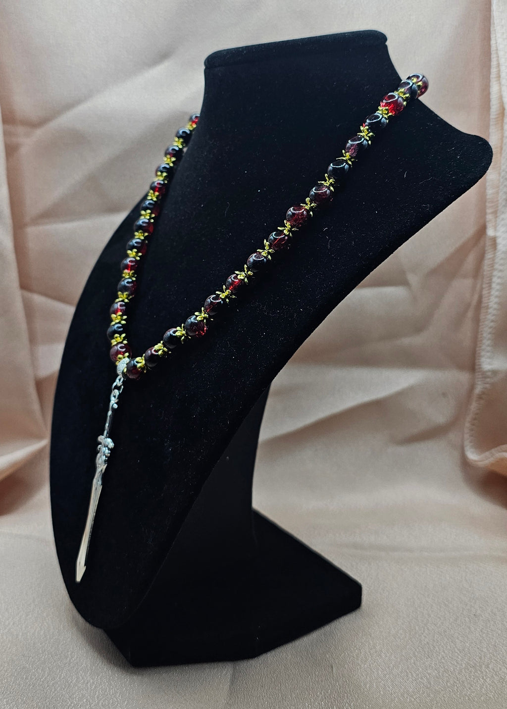 Red & Black Beaded Necklace | Gothic Sword Pendant | Handmade Dark Fantasy Jewellery