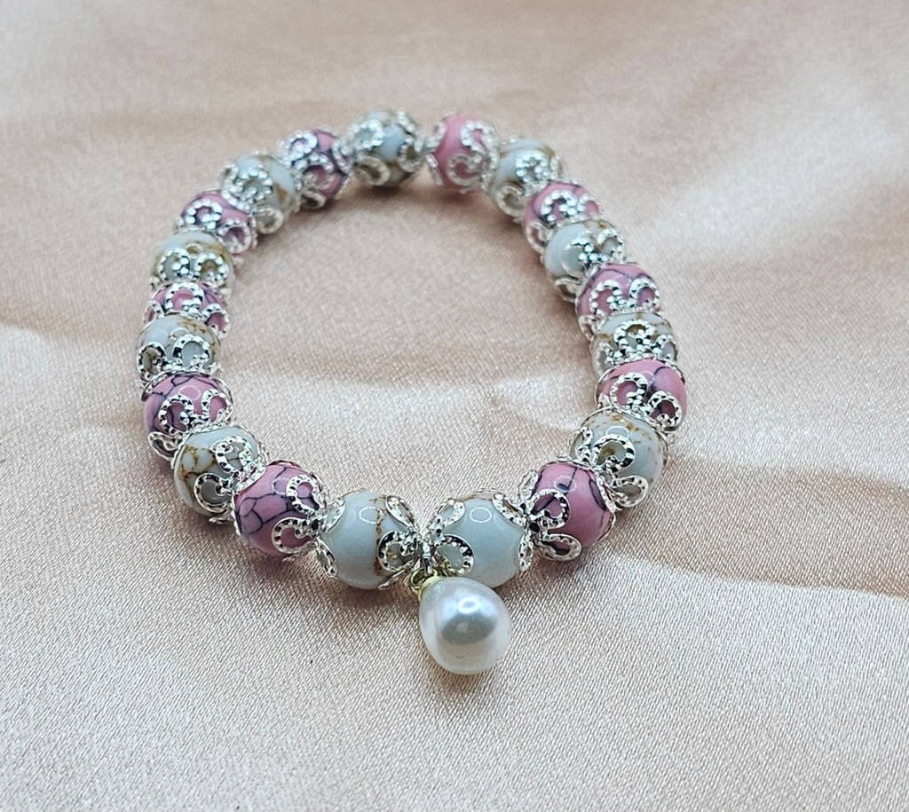 Pink Crackle Quartz Bracelet | Pearl Charm & Silver Filigree | Handmade Coquette Jewellery Australia