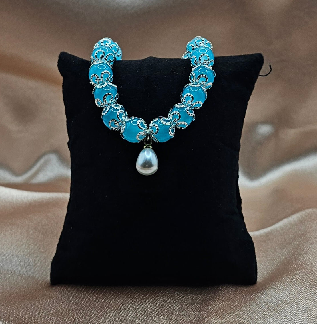 Blue Chalcedony Bracelet | Pearl Charm & Silver Filigree | Handmade Ocean-Inspired Jewellery Australia