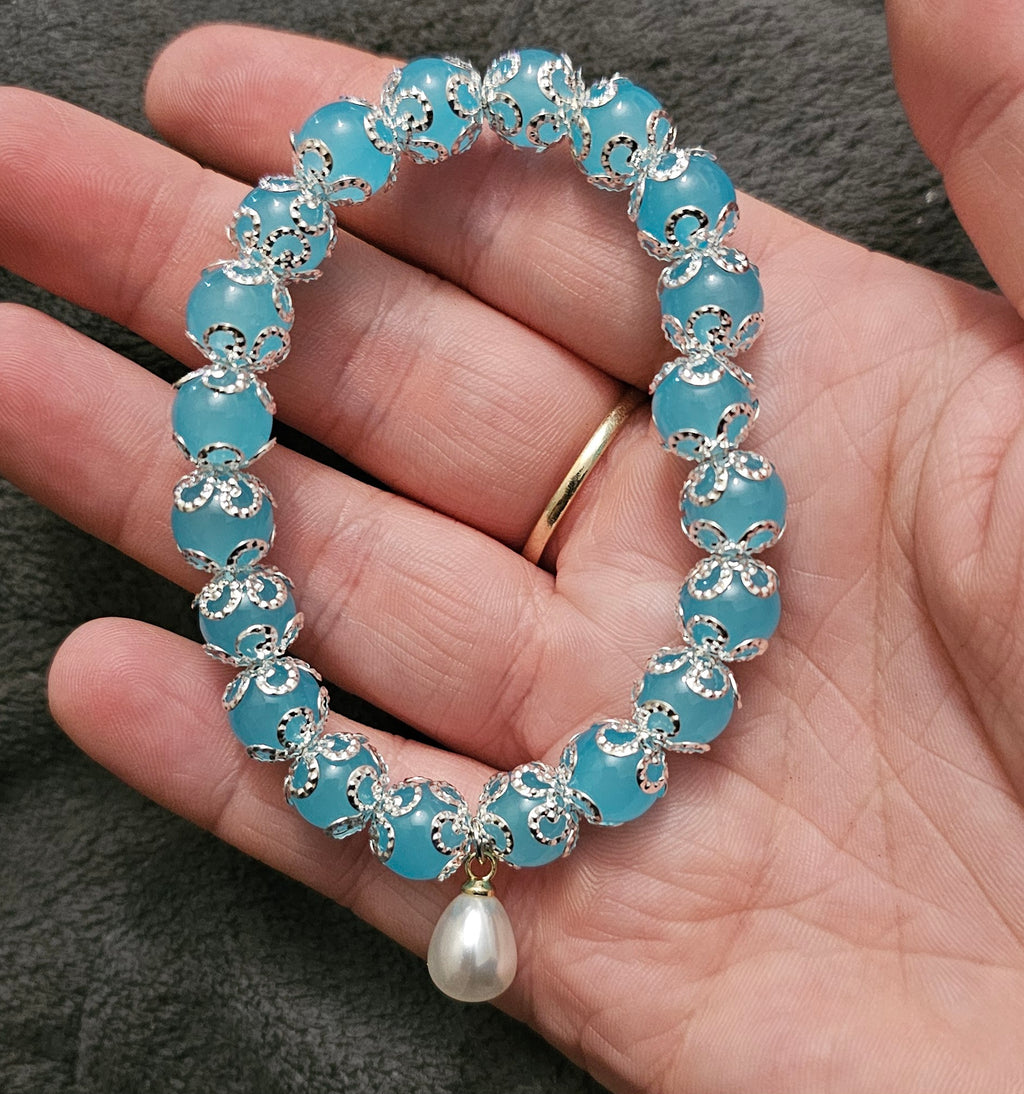 Handmade ocean-inspired blue chalcedony beaded bracelet with pearl charm and silver filigree, Adelaide Australia