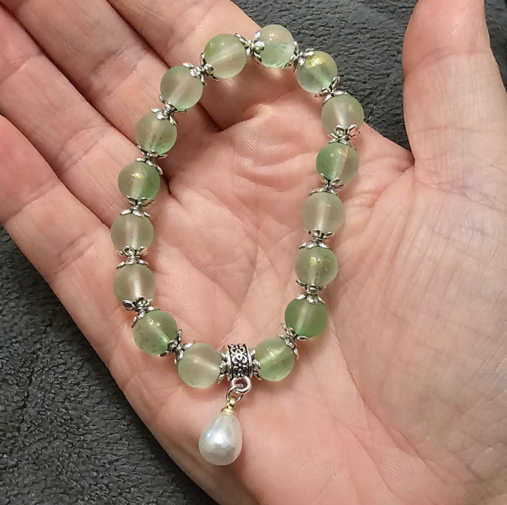 Frosted Green Aventurine Bracelet | Pearl Charm & Silver Floral Caps | Handmade Cottagecore Jewellery Australia
