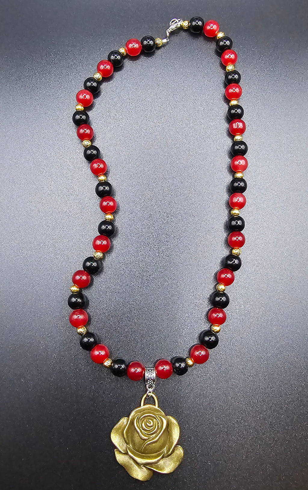 Handmade red and black beaded gothic romance necklace with antique gold rose pendant, jewellery Australia
