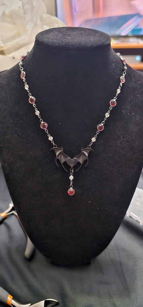 Bat Heart Gothic Necklace | Black Bat Wing Pendant & Red Garnet Drop | Handmade