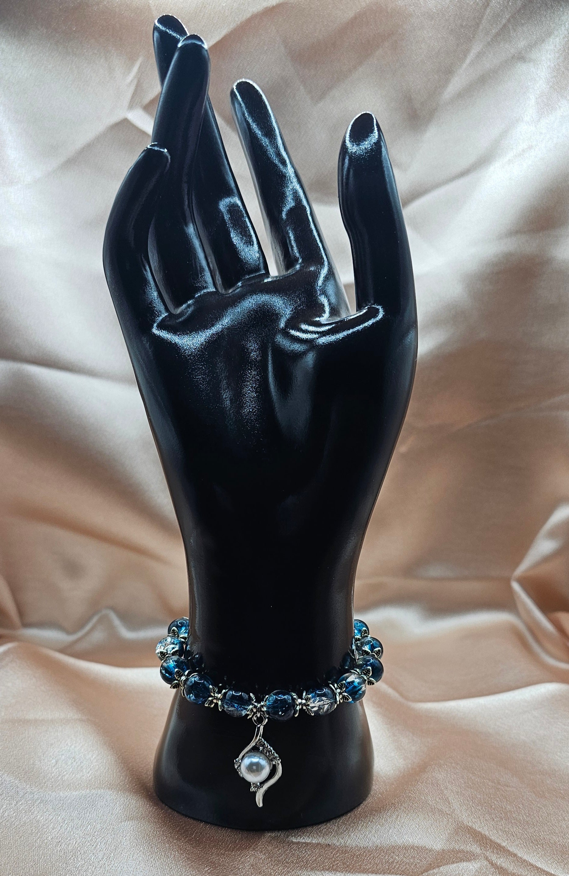 Midnight Blue Crystal & Pearl Drop Bracelet | Celestial Beaded Bracelet | Handmade Mooncore Jewellery Australia