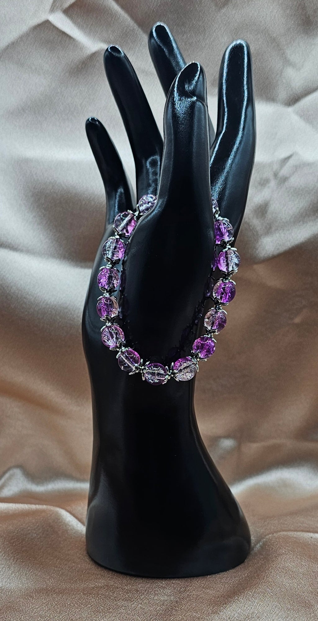 Pink Crackle Glass Beaded Bracelet | Silver Floral Caps | Handmade Fairycore Jewellery Australia