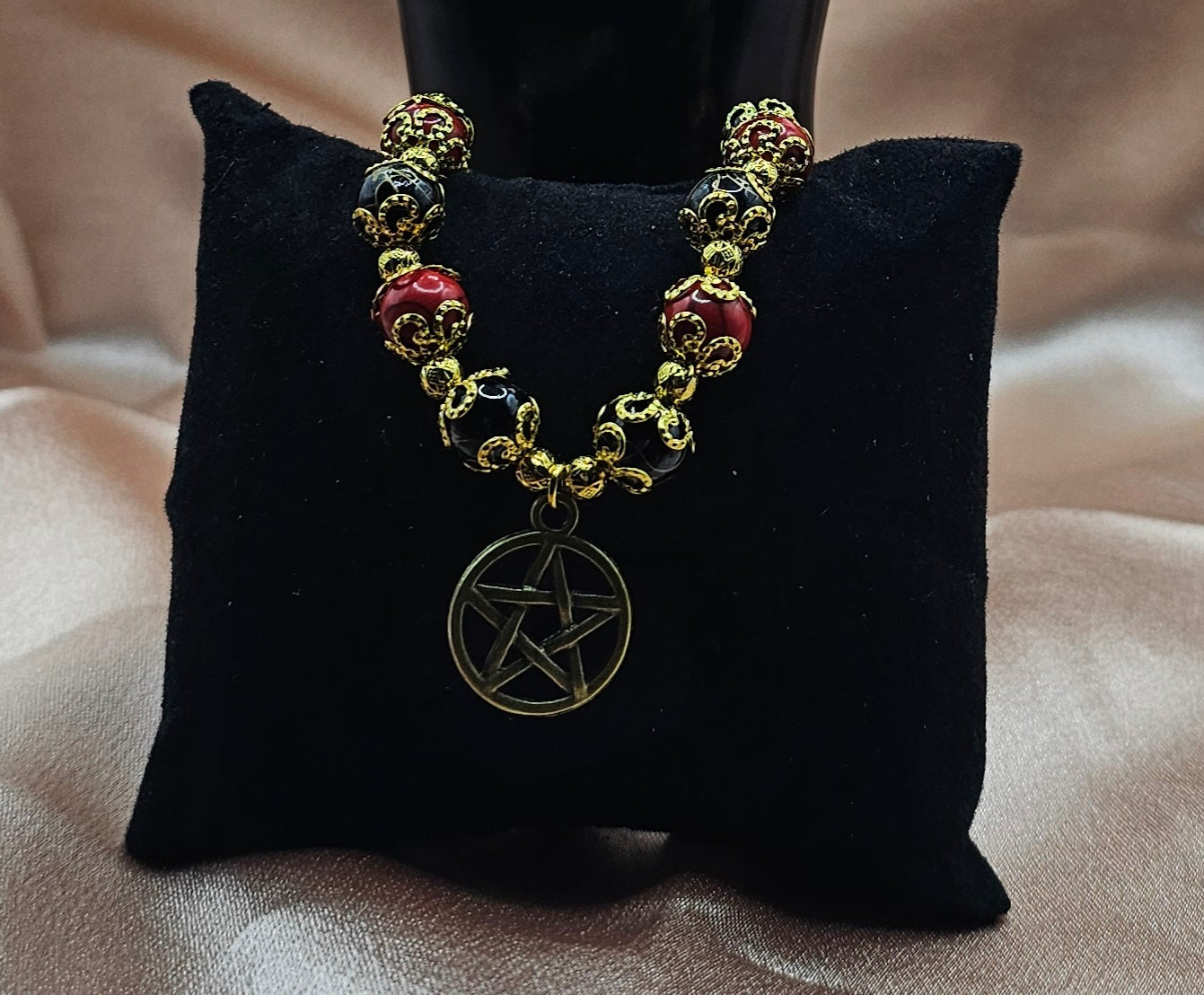 Red & Black Beaded Bracelet | Bronze Pentagram Charm | Handmade Witchy Gothic Jewellery Australia