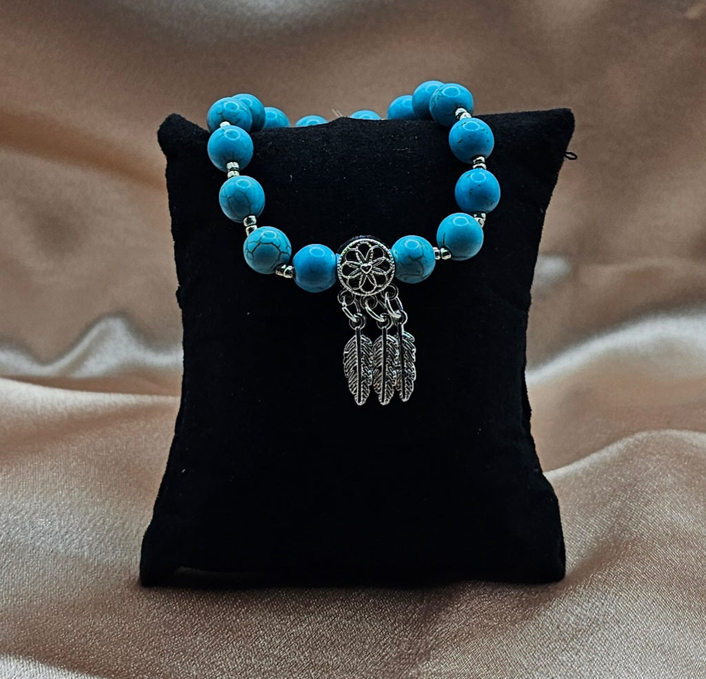 Turquoise Dreamcatcher Bracelet | Feather Charm Cluster & Silver Spacers | Handmade Boho Jewellery Australia