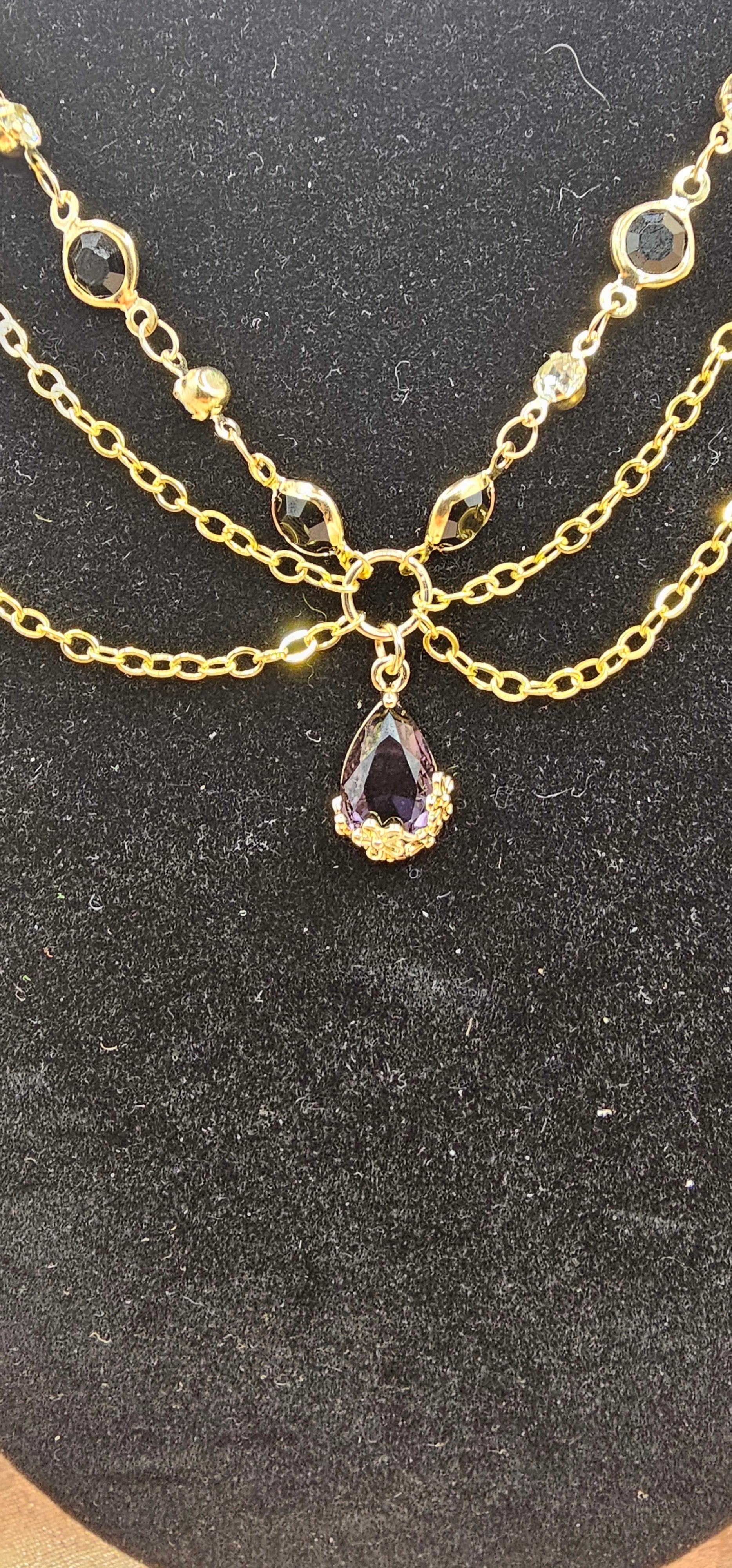 Handmade layered gold necklace with black teardrop crystal pendant, gothic elegant jewellery Australia