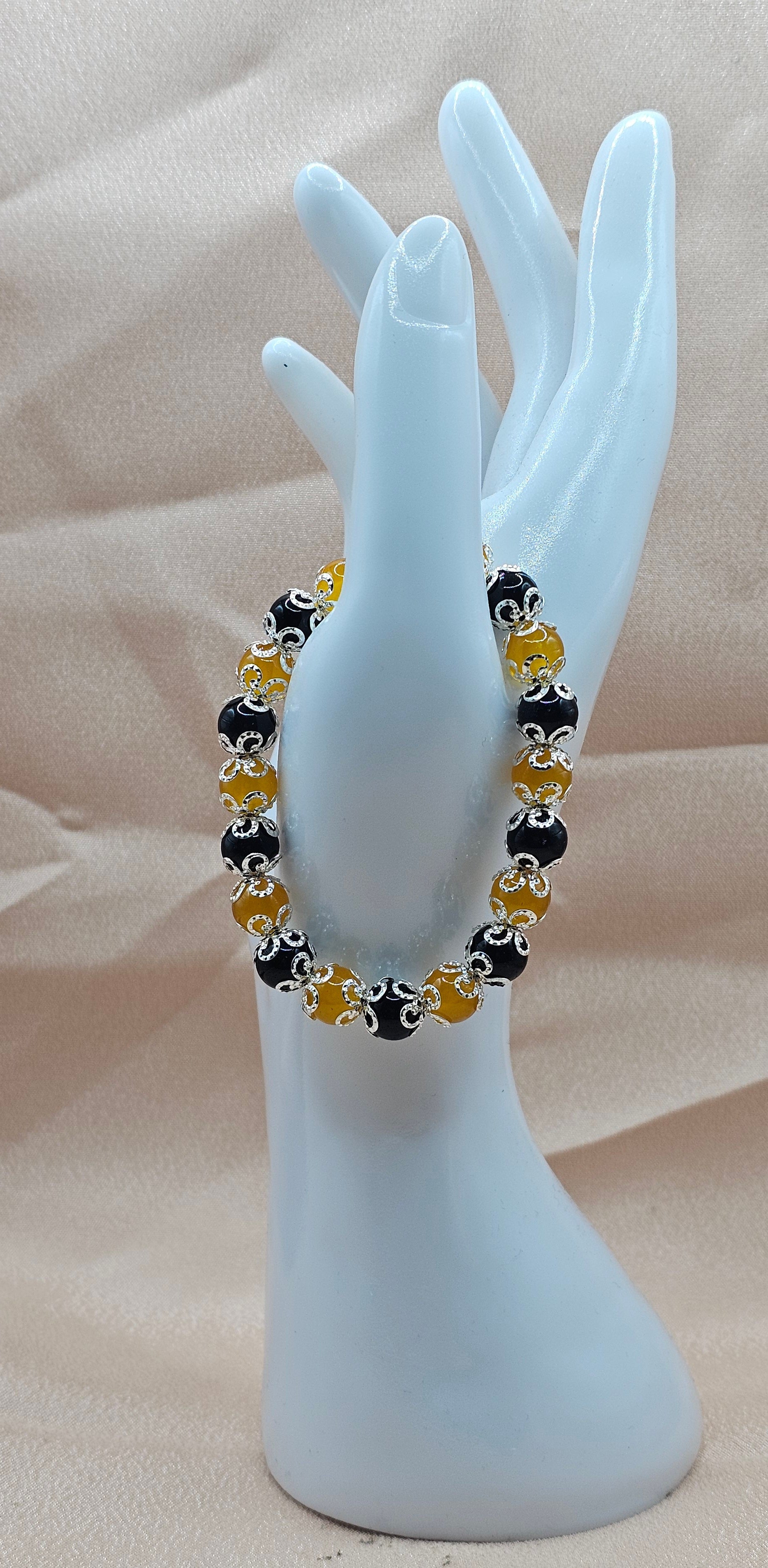 Black & Amber Silver Filigree Bracelet | Gothic Beaded Stretch Bracelet | Handmade Dark Jewellery Australia