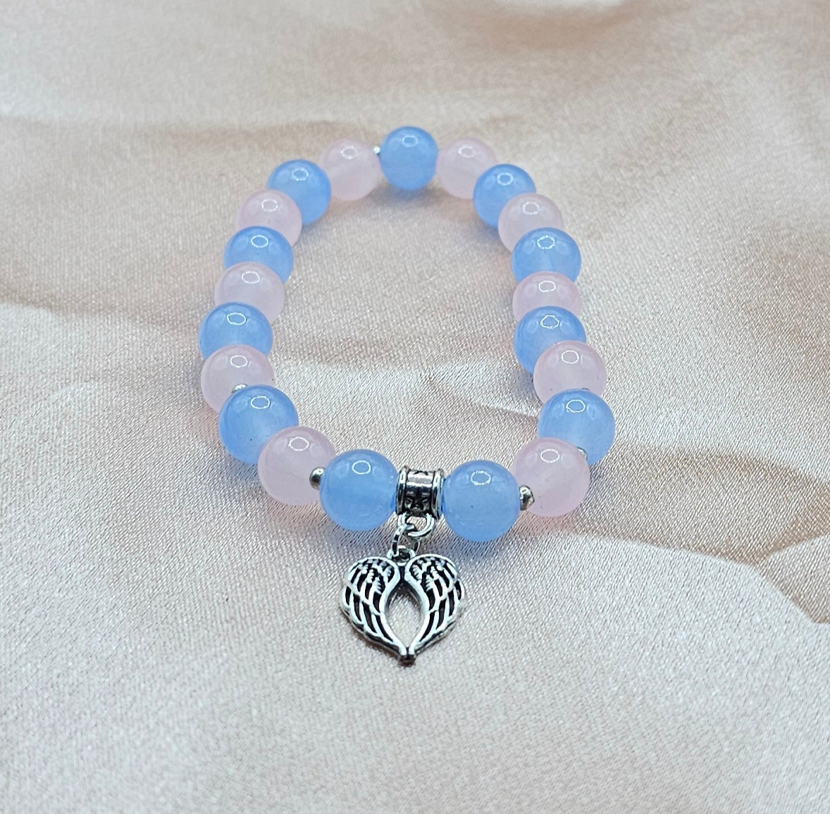 Blue & Pink Beaded Bracelet | Silver Angel Wing Charm | Handmade Angelcore Spiritual Jewellery Australia