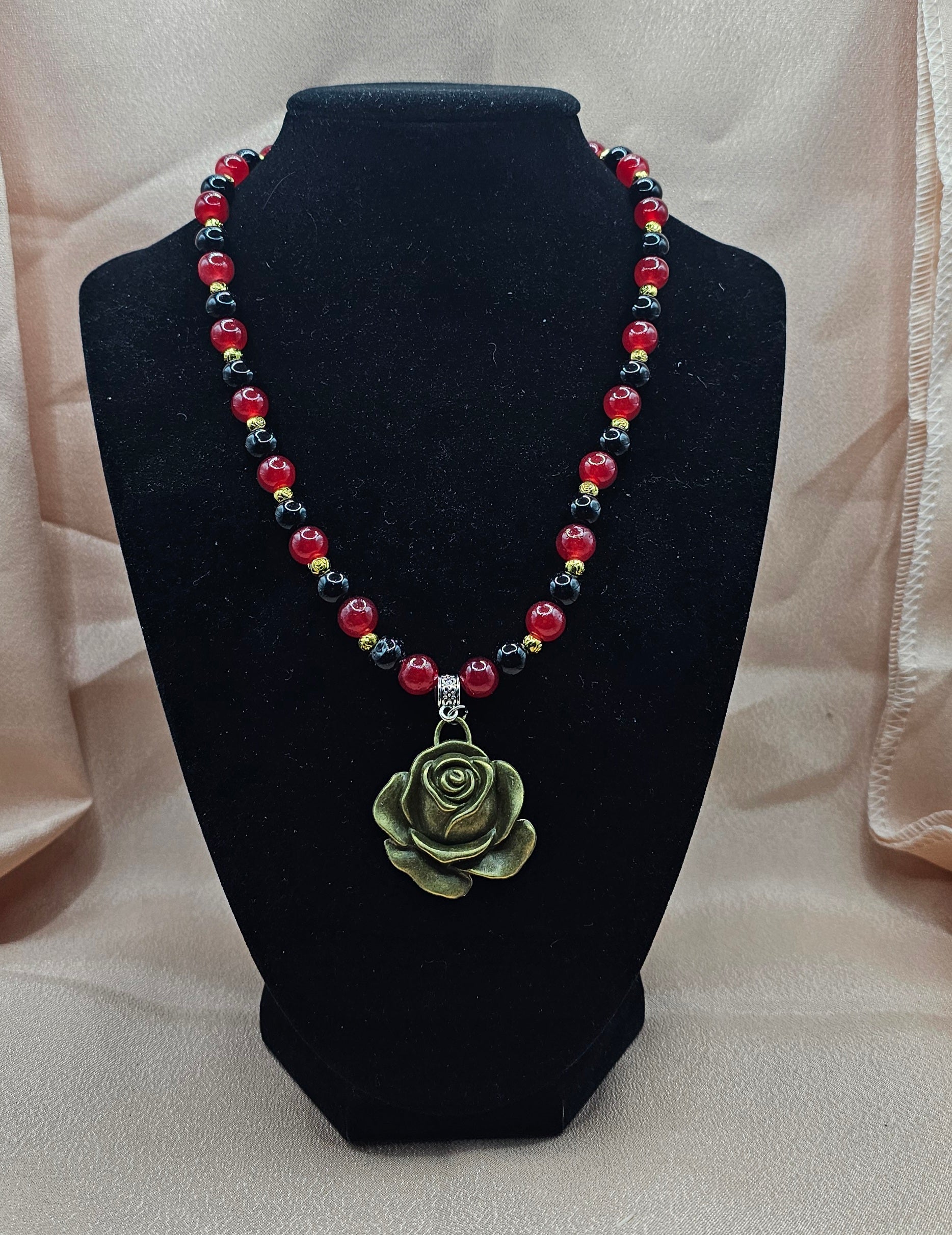Red & Black Beaded Necklace | Antique Gold Rose Pendant | Handmade Gothic Romance