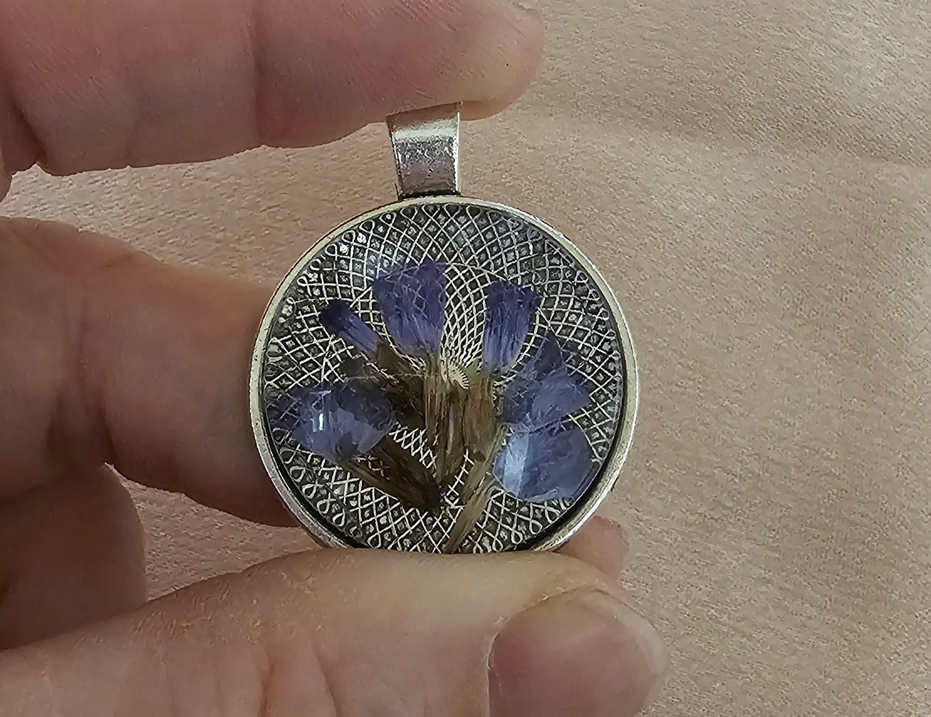 Real Purple Flower Round Resin Pendant | Pressed Botanical on Silver Lattice Filigree | Handmade Cottagecore Jewellery