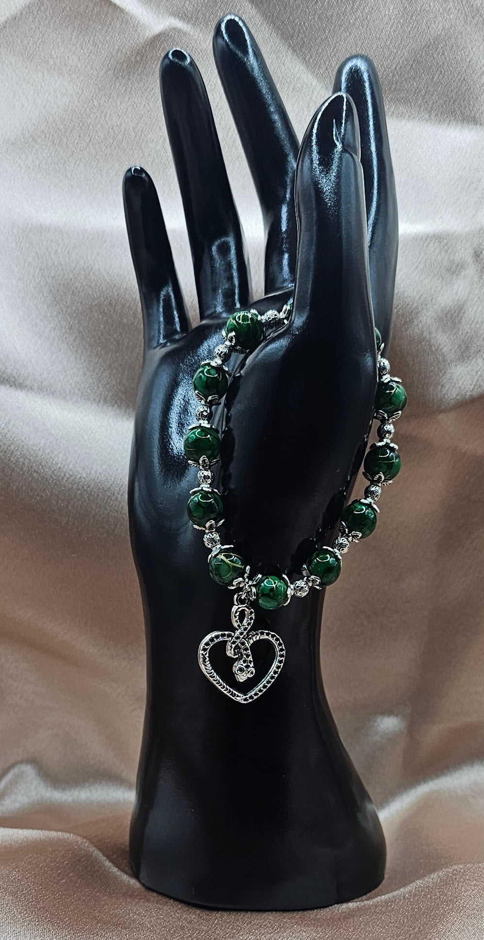 Green Malachite Bracelet | Serpent Heart Charm & Silver Filigree | Handmade Dark Feminine Jewellery Australia