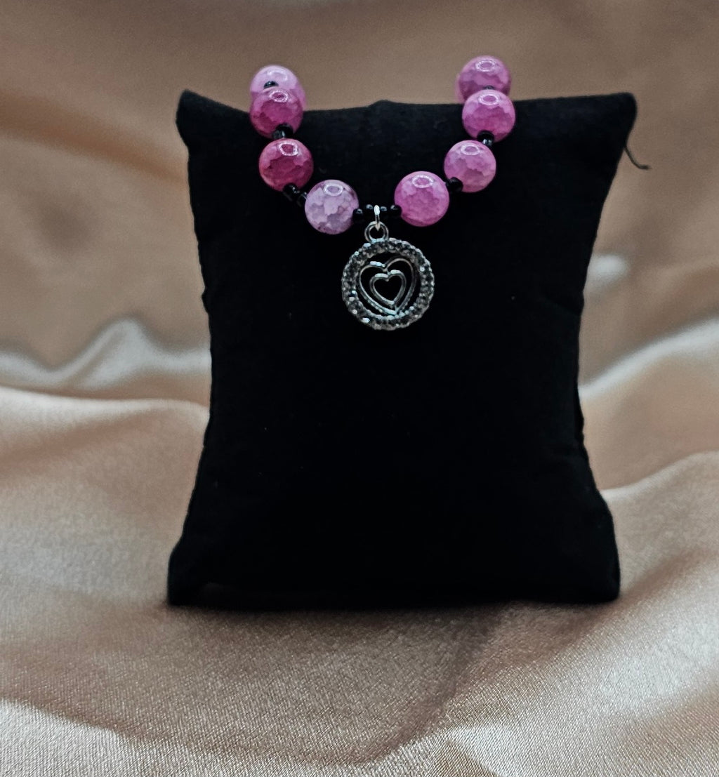Pink Beaded Bracelet | Rhinestone Heart Charm & Black Accents | Handmade Coquette Jewellery Australia