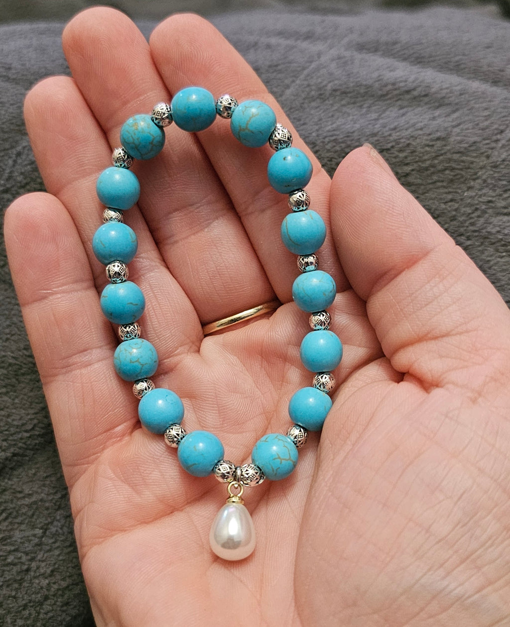 Handmade turquoise beaded bracelet with pearl charm and silver spacers, coastal boho jewellery Australia