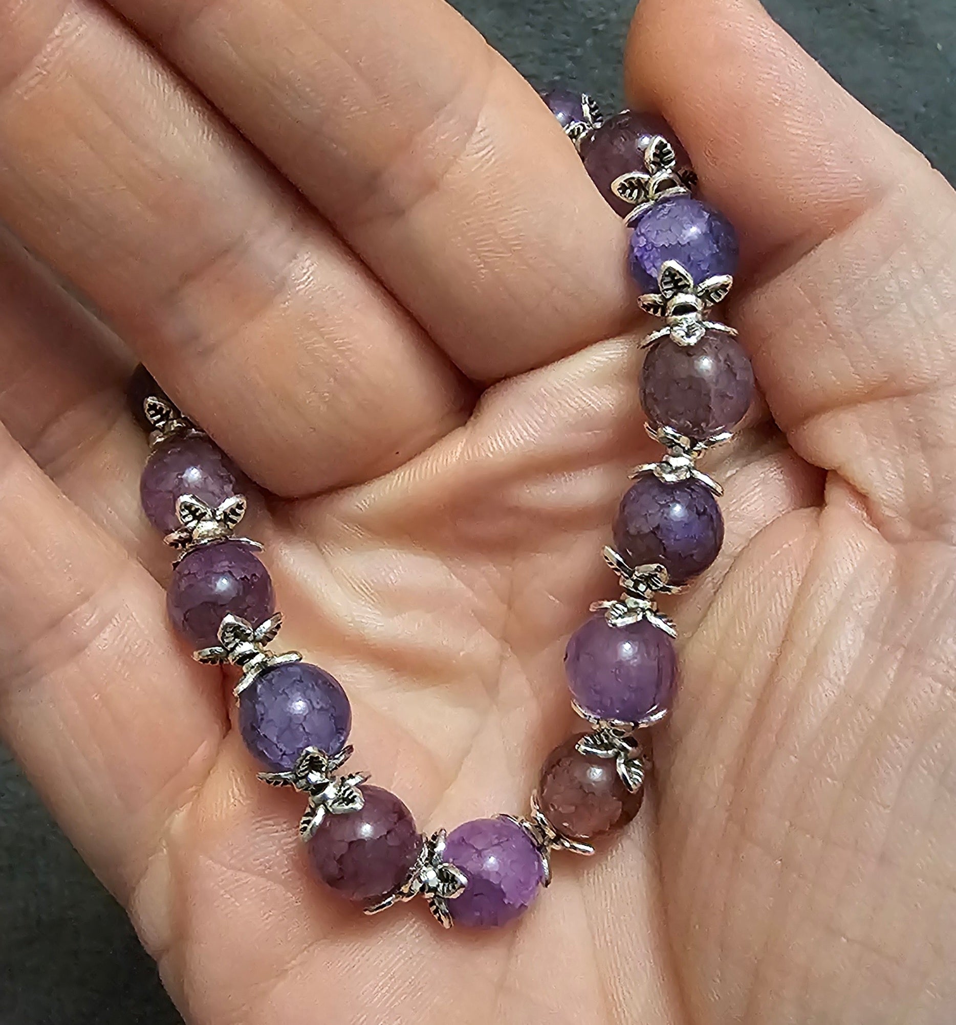 Purple Plum Crackle Agate Bracelet | Silver Floral Caps | Handmade Witchy Cottagecore Jewellery Australia