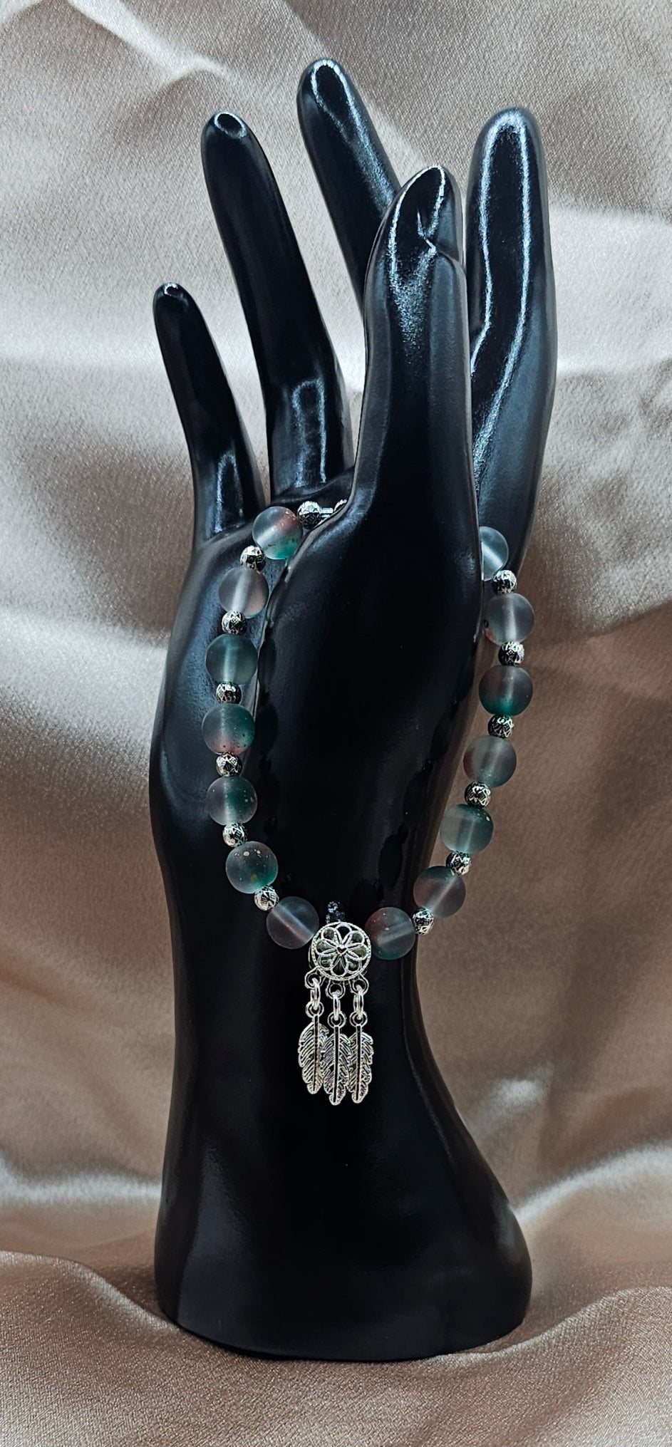 Frosted Dreamcatcher Beaded Bracelet | Triple Feather Charm | Handmade Boho Witchy Jewellery Australia