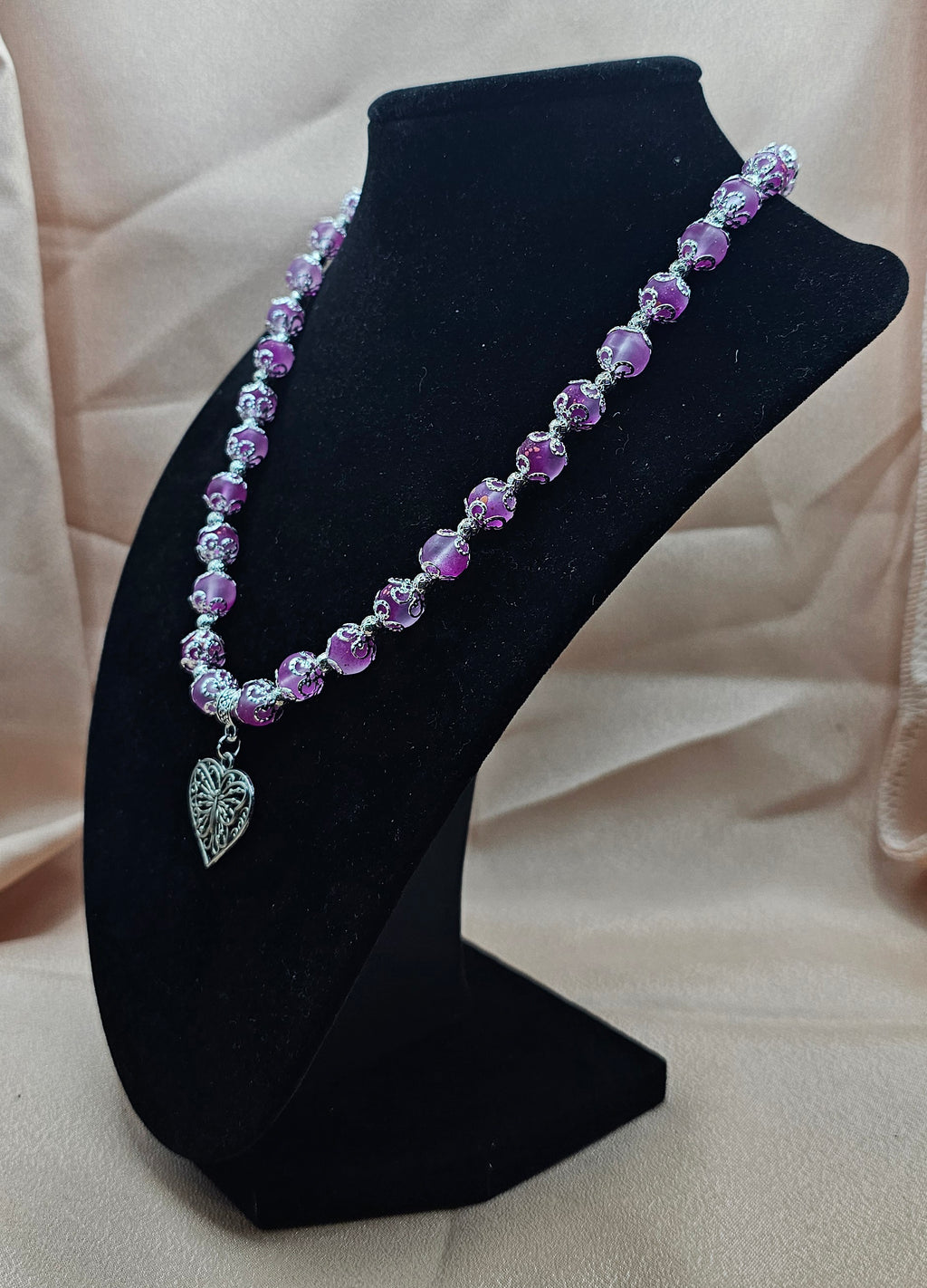 Pink Marbled Beaded Necklace | Silver Heart Butterfly Pendant | Handmade Romantic Jewellery