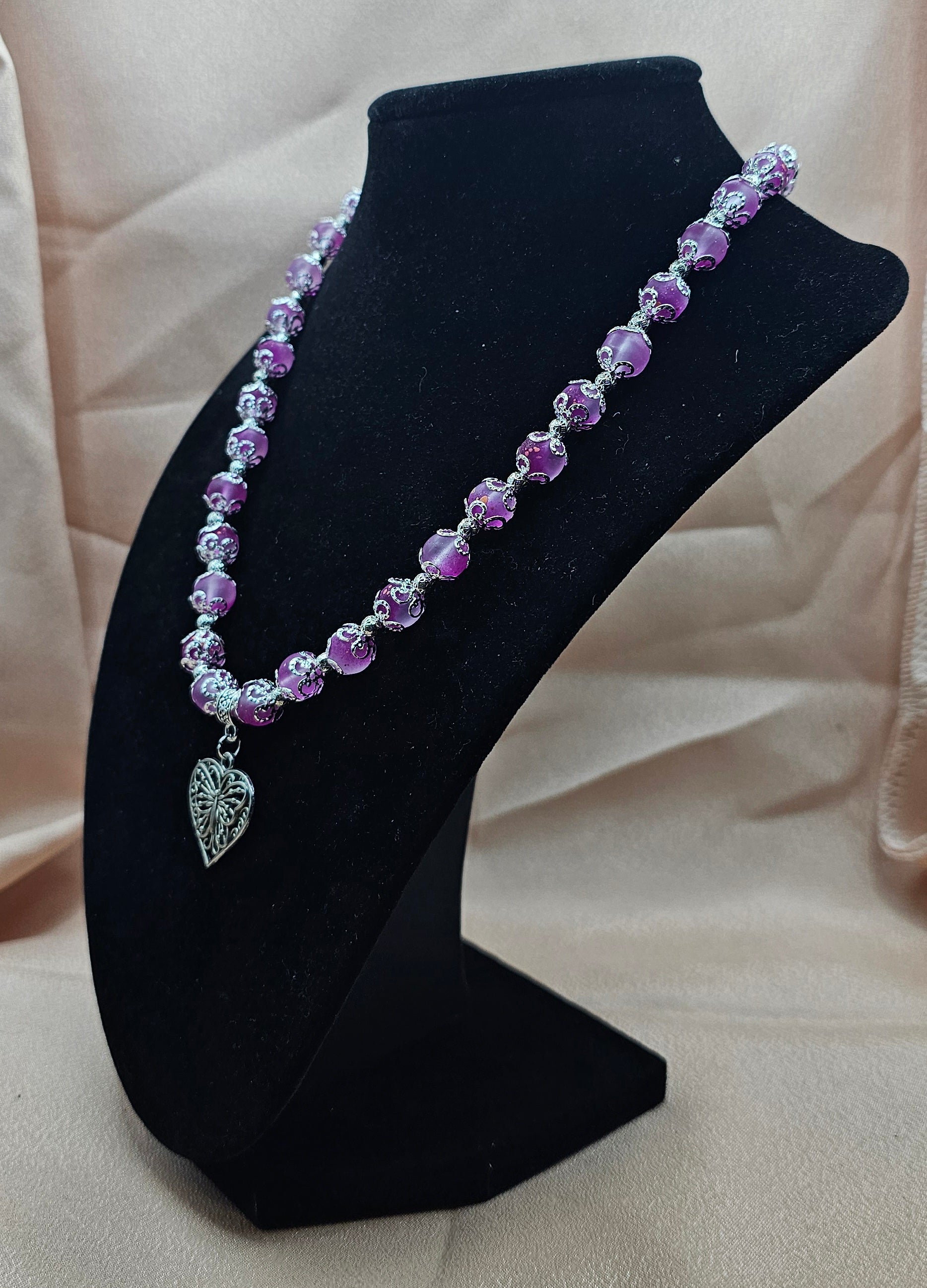Pink Marbled Beaded Necklace | Silver Heart Butterfly Pendant | Handmade Romantic Jewellery