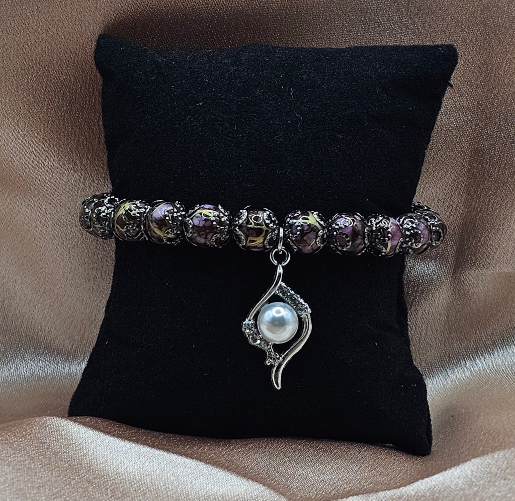Cloisonne Bead Bracelet | Pearl Charm & Dark Filigree | Handmade Dark Romantic Jewellery Australia