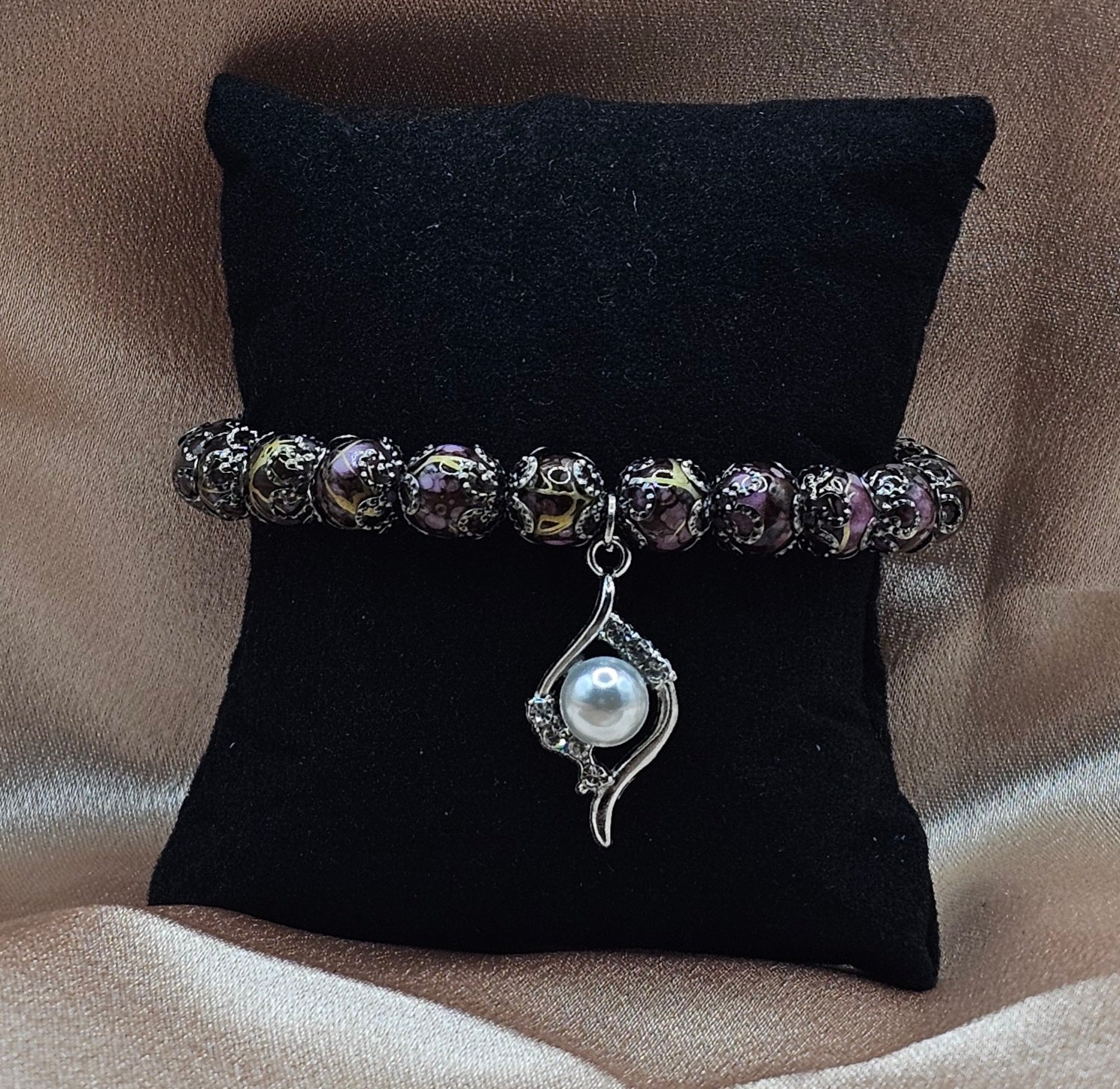 Cloisonne Bead Bracelet | Pearl Charm & Dark Filigree | Handmade Dark Romantic Jewellery Australia