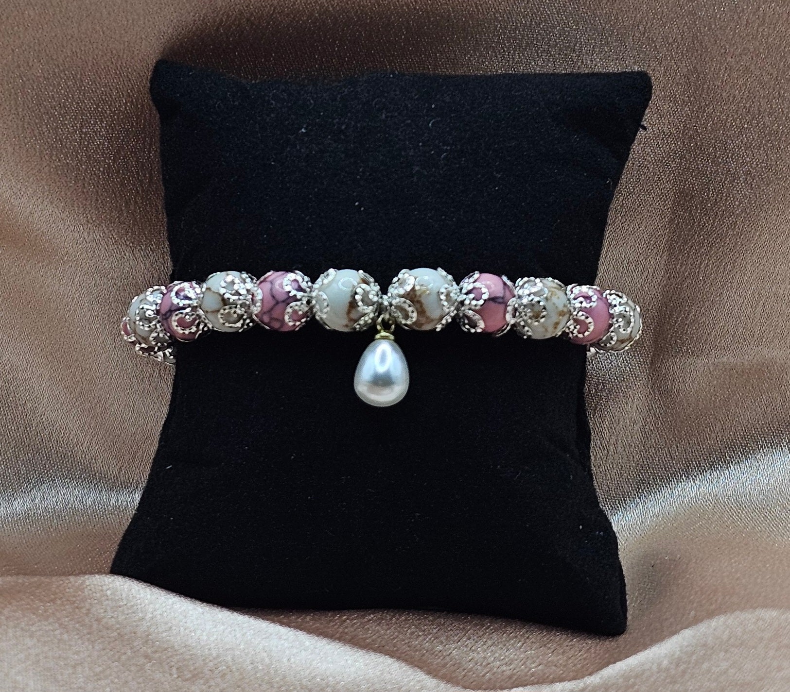 Pink Crackle Quartz Bracelet | Pearl Charm & Silver Filigree | Handmade Coquette Jewellery Australia
