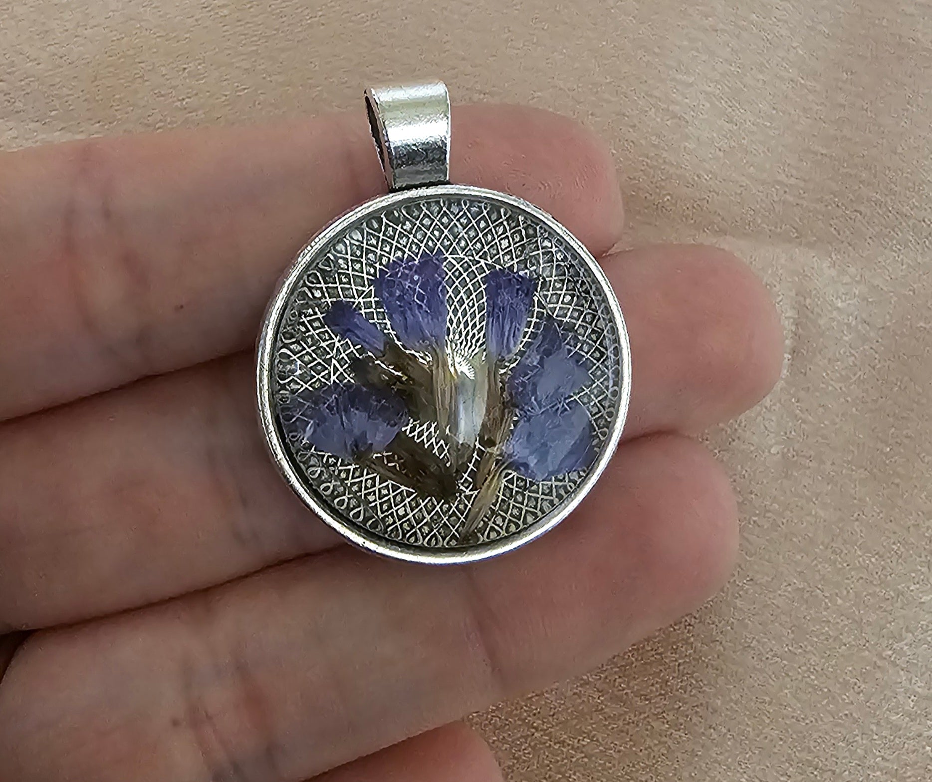 Real Purple Flower Round Resin Pendant | Pressed Botanical on Silver Lattice Filigree | Handmade Cottagecore Jewellery