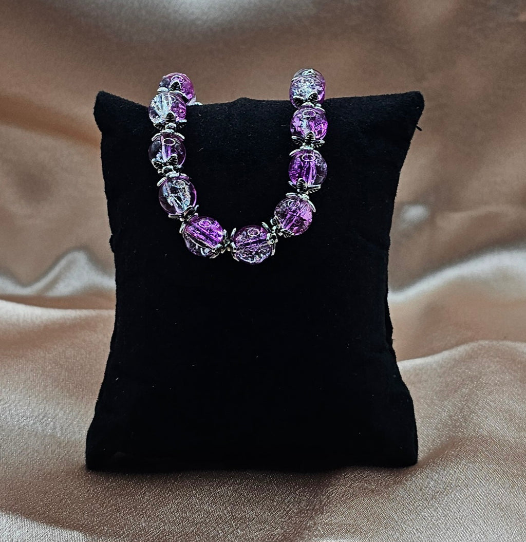 Pink Crackle Glass Beaded Bracelet | Silver Floral Caps | Handmade Fairycore Jewellery Australia