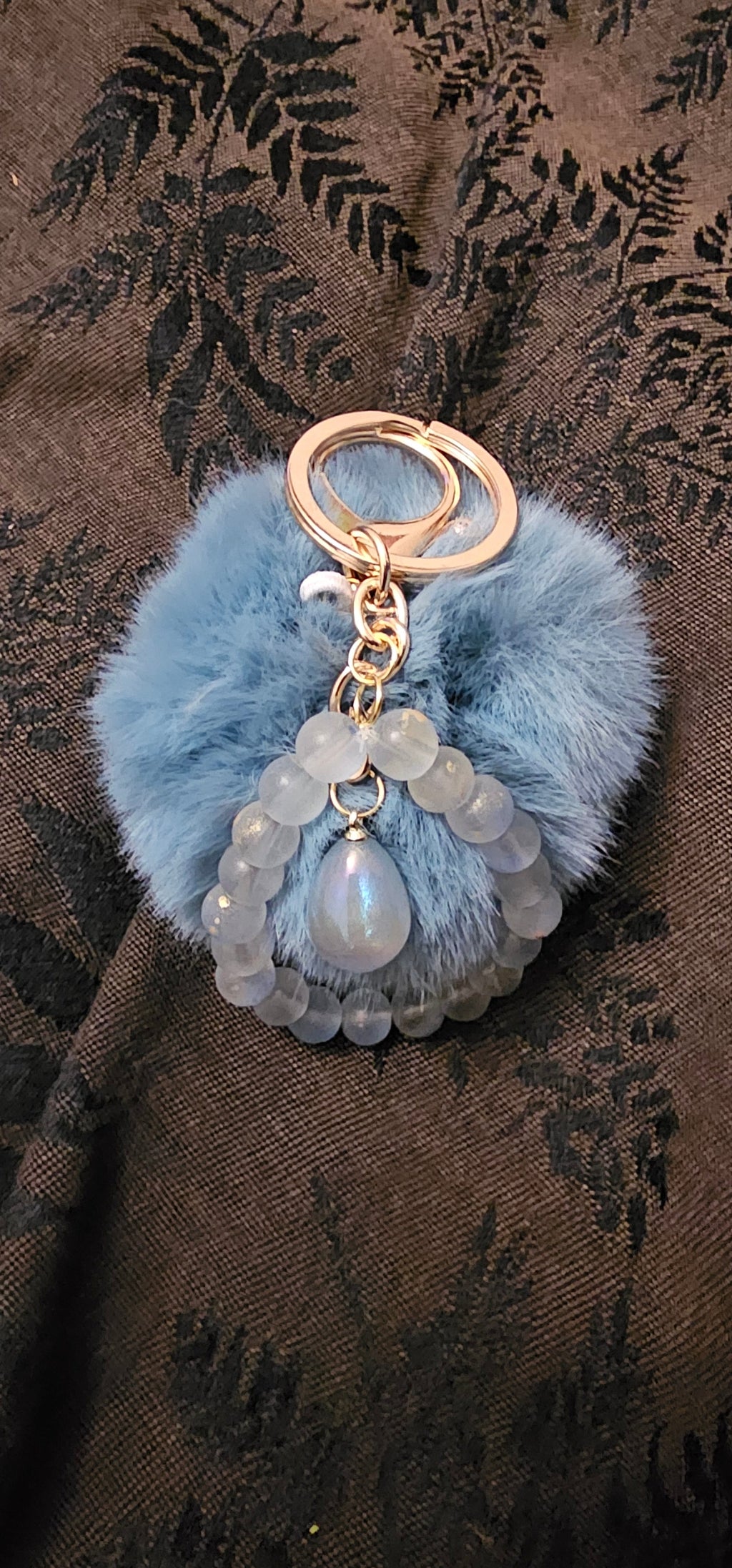 Blue Pom Pom Beaded Keychain | Frosted Bead & Iridescent Teardrop | Handmade Coquette Accessory