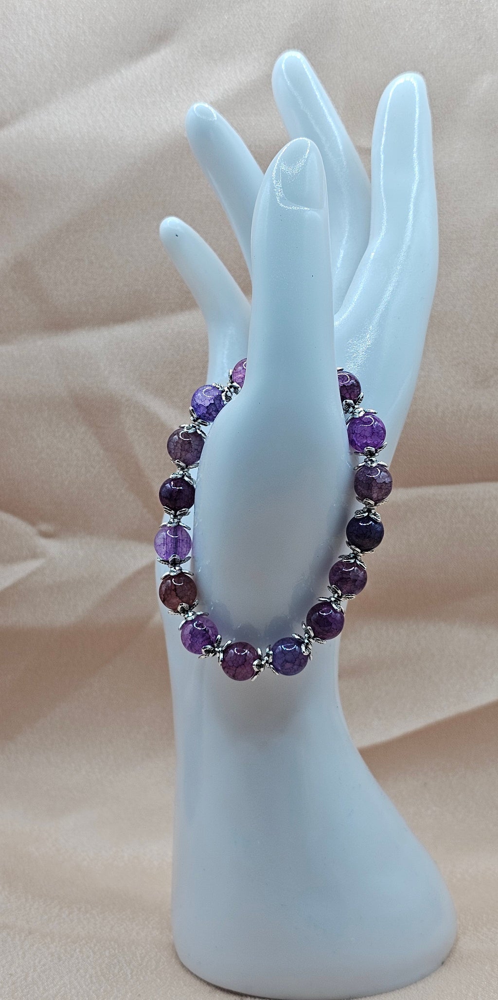 Purple Plum Crackle Agate Bracelet | Silver Floral Caps | Handmade Witchy Cottagecore Jewellery Australia