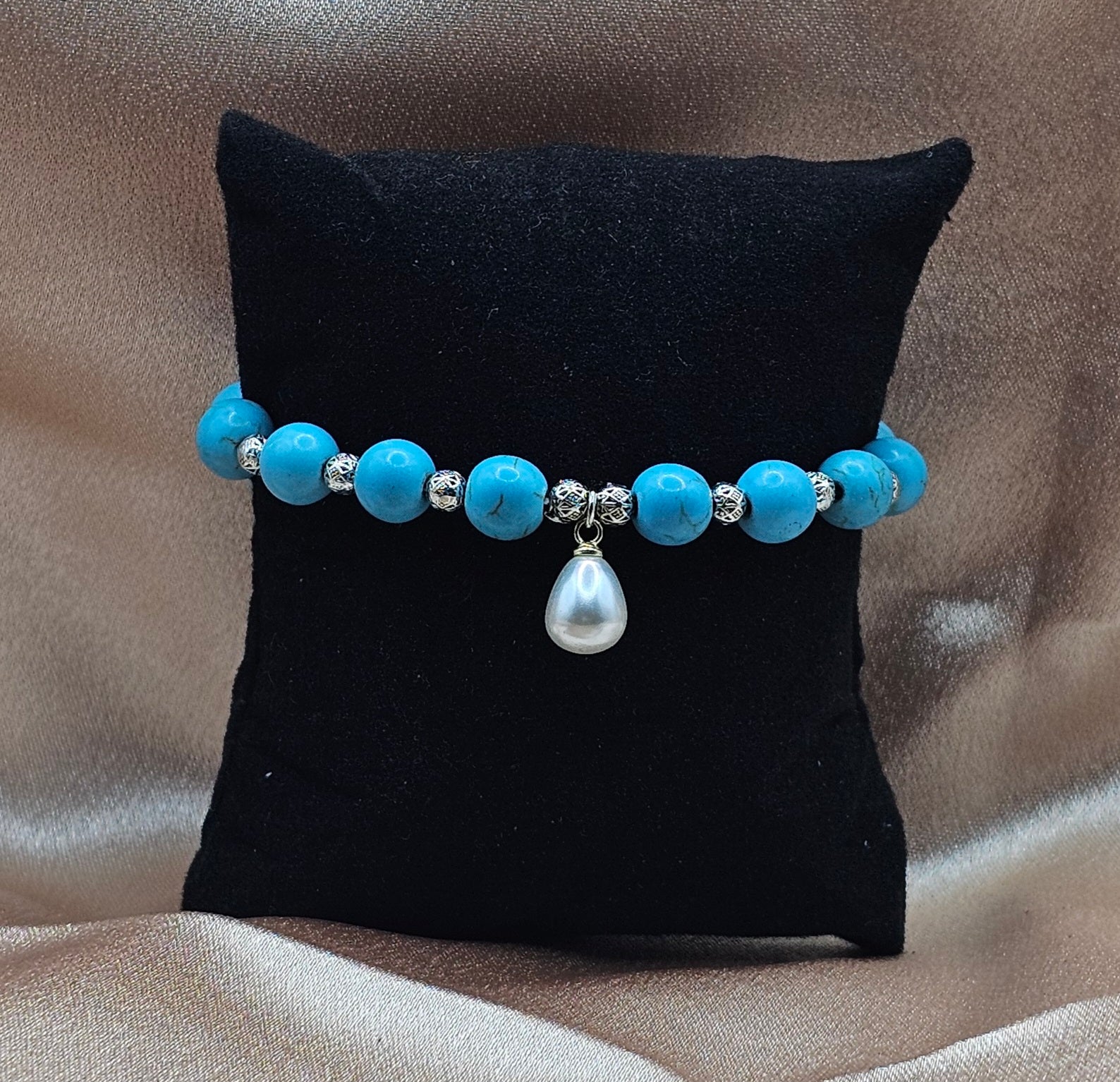 Turquoise Beaded Bracelet | Pearl Charm & Silver Spacers | Handmade Coastal Boho Jewellery Australia