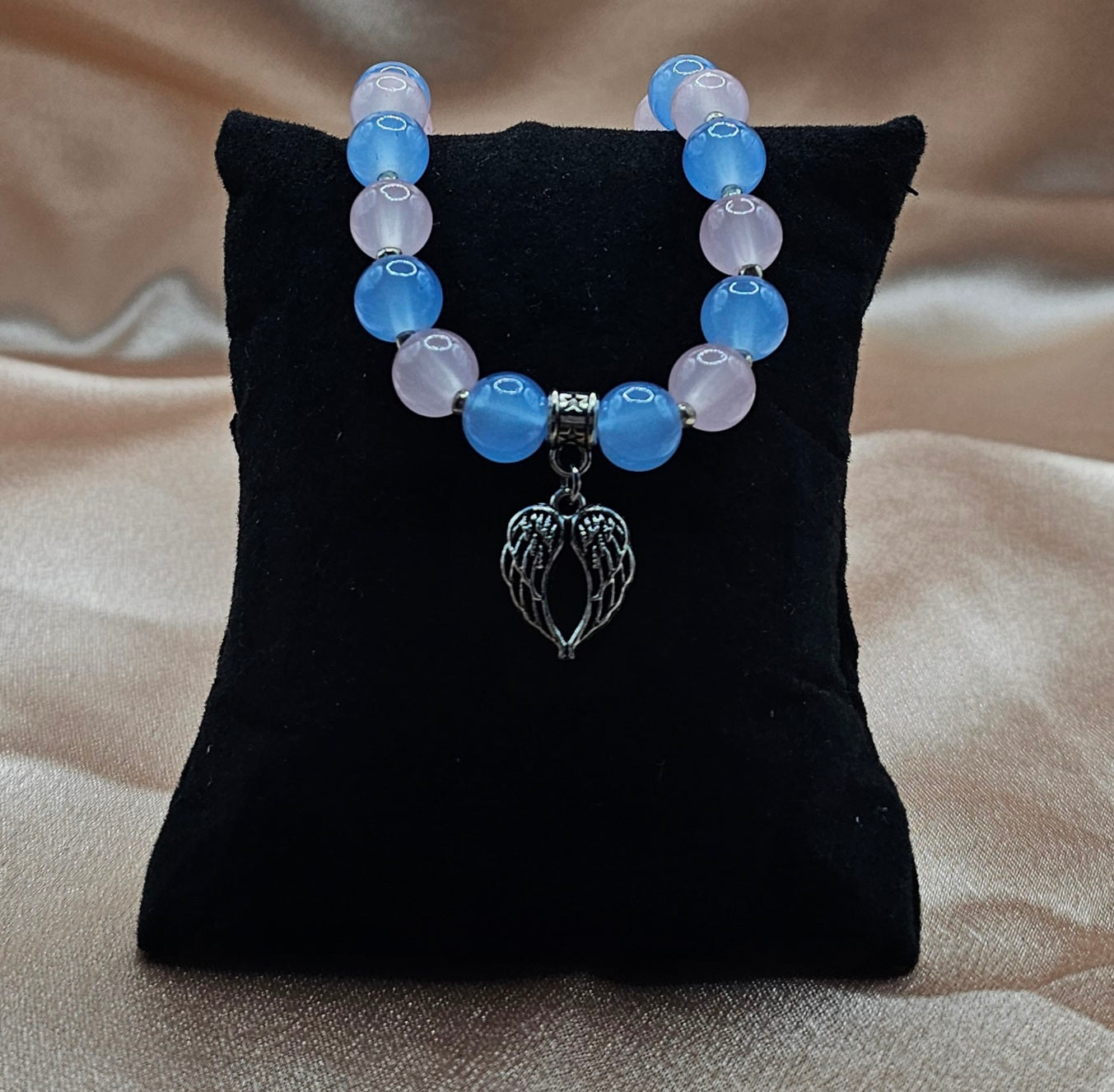 Blue & Pink Beaded Bracelet | Silver Angel Wing Charm | Handmade Angelcore Spiritual Jewellery Australia