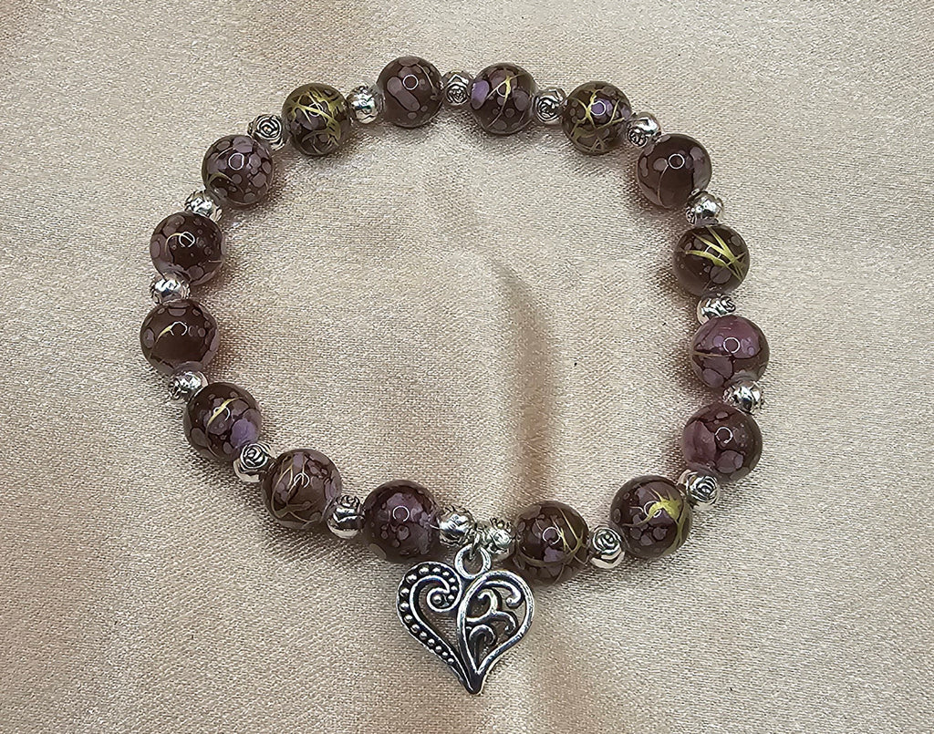 Handmade brown and pink marbled beaded bracelet with silver heart charm, romantic jewellery Australia