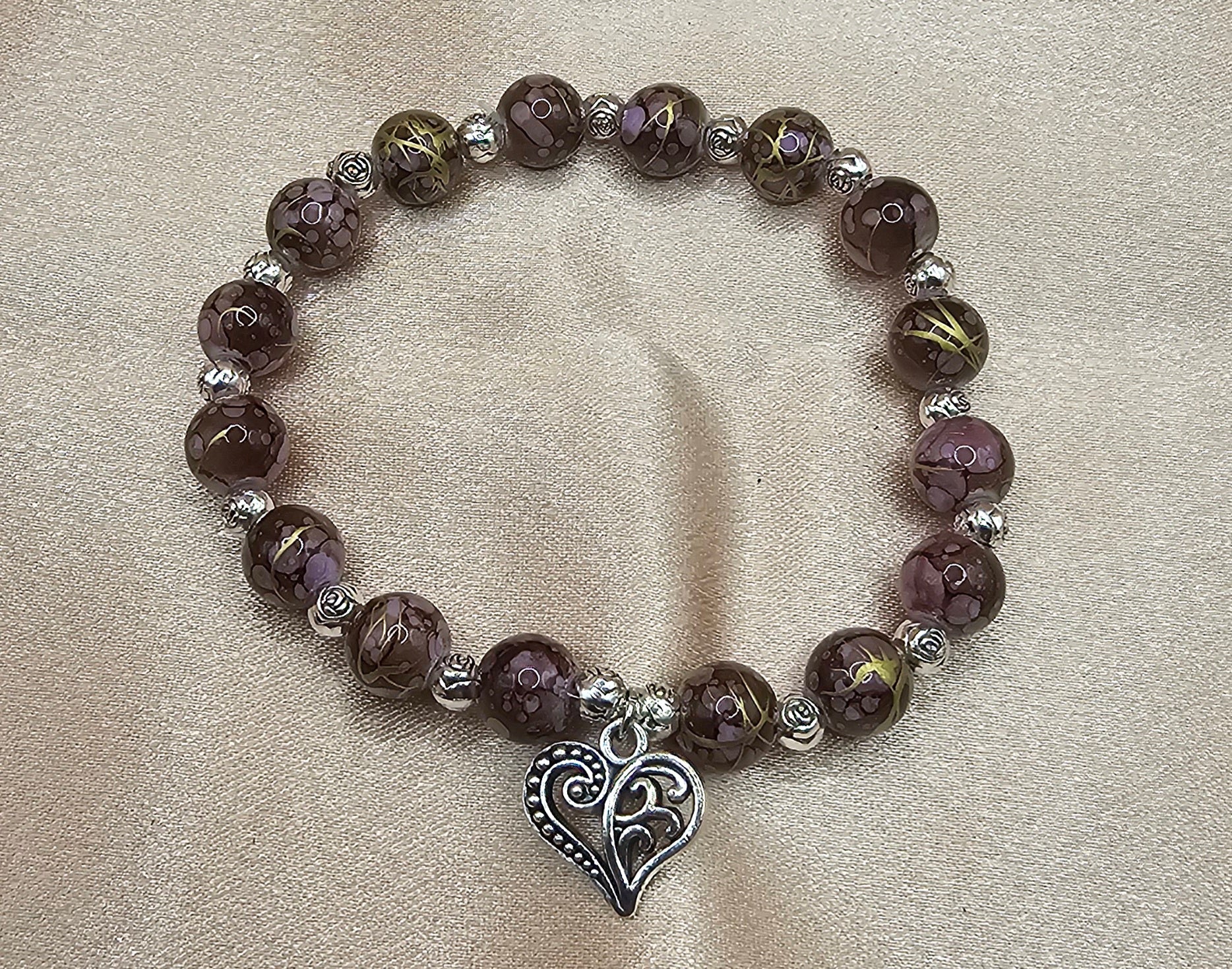 Handmade brown and pink marbled beaded bracelet with silver heart charm, romantic jewellery Australia
