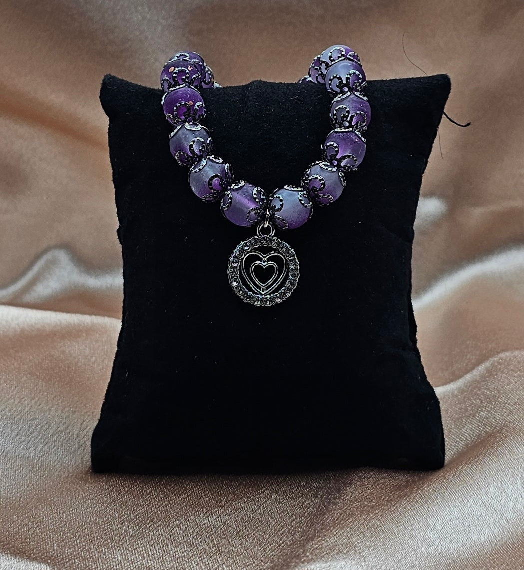 Purple Crackle Bead Bracelet | Double Heart Rhinestone Charm & Black Filigree | Handmade Soft Goth Jewellery Australia