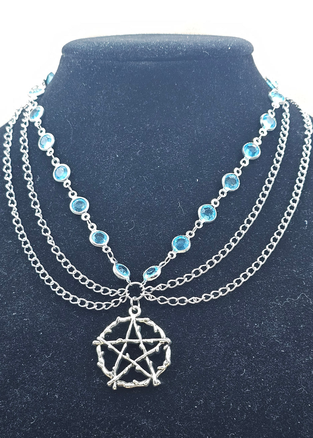 Blue Pentagram Necklace | Layered Silver Chains & Blue Crystals | Handmade Witchy Jewellery