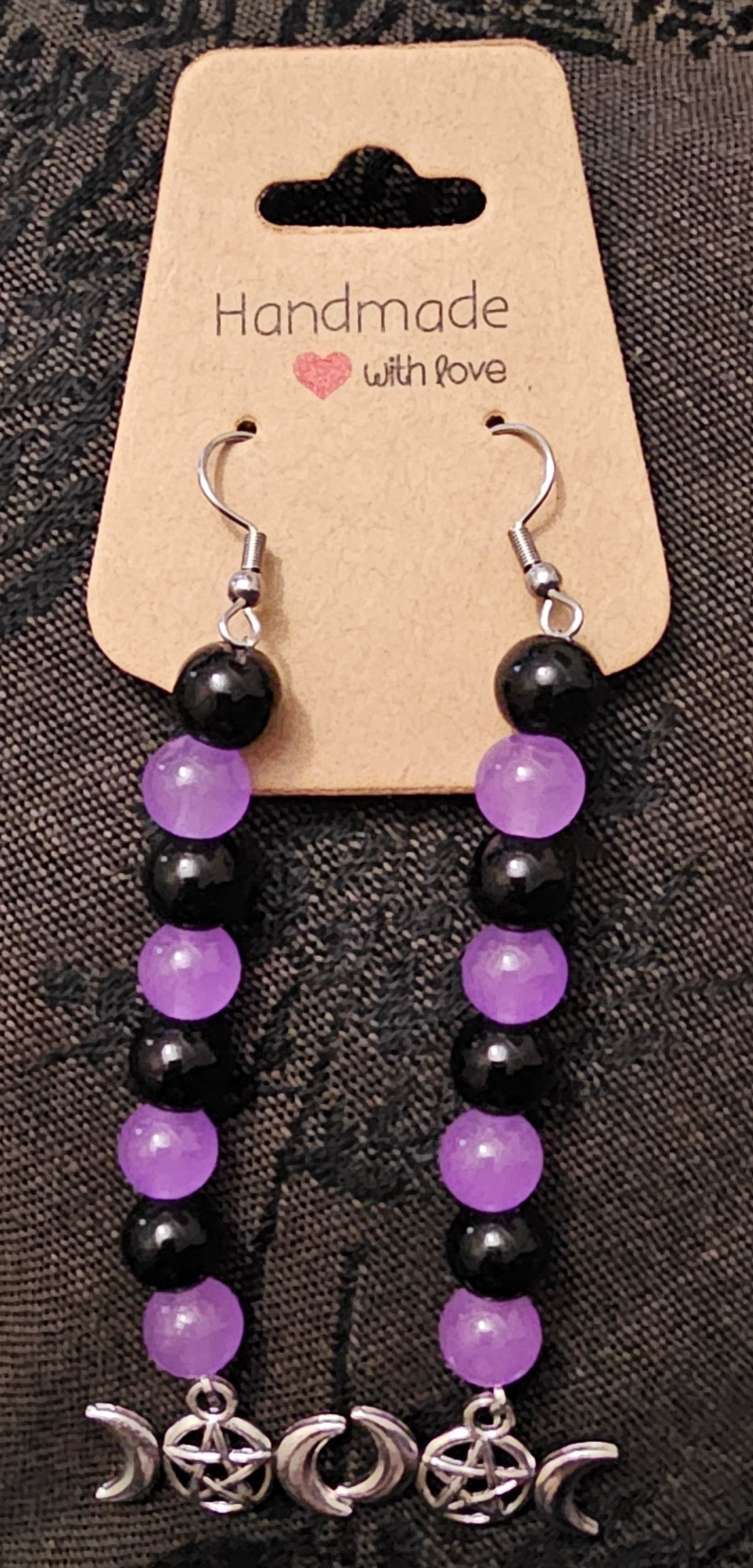 Handmade purple and black witchy earrings with pentagram moon dangle, gothic jewellery Australia