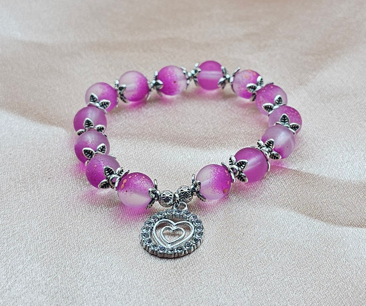 Frosted Pink Bracelet | Double Heart Rhinestone Charm & Silver Filigree | Handmade Coquette Jewellery Australia