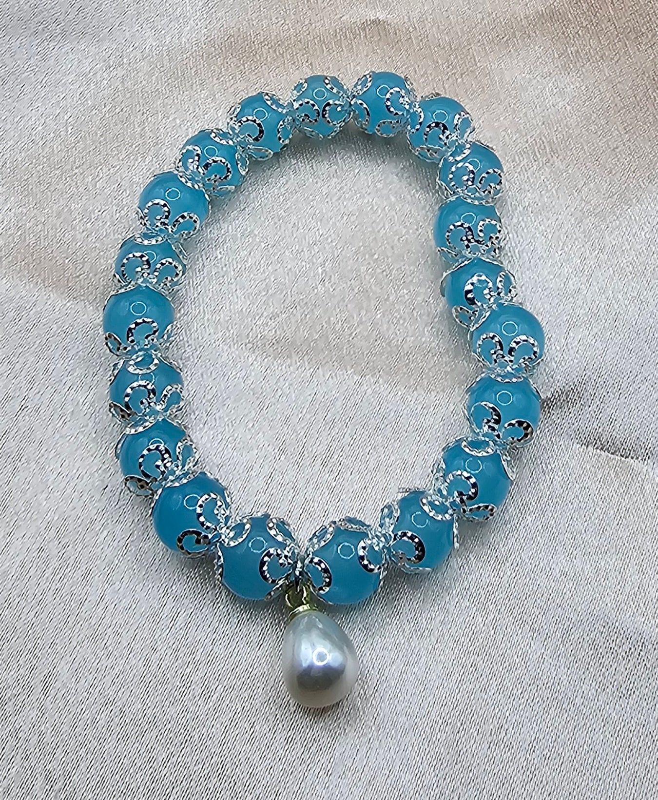 Blue Chalcedony Bracelet | Pearl Charm & Silver Filigree | Handmade Ocean-Inspired Jewellery Australia