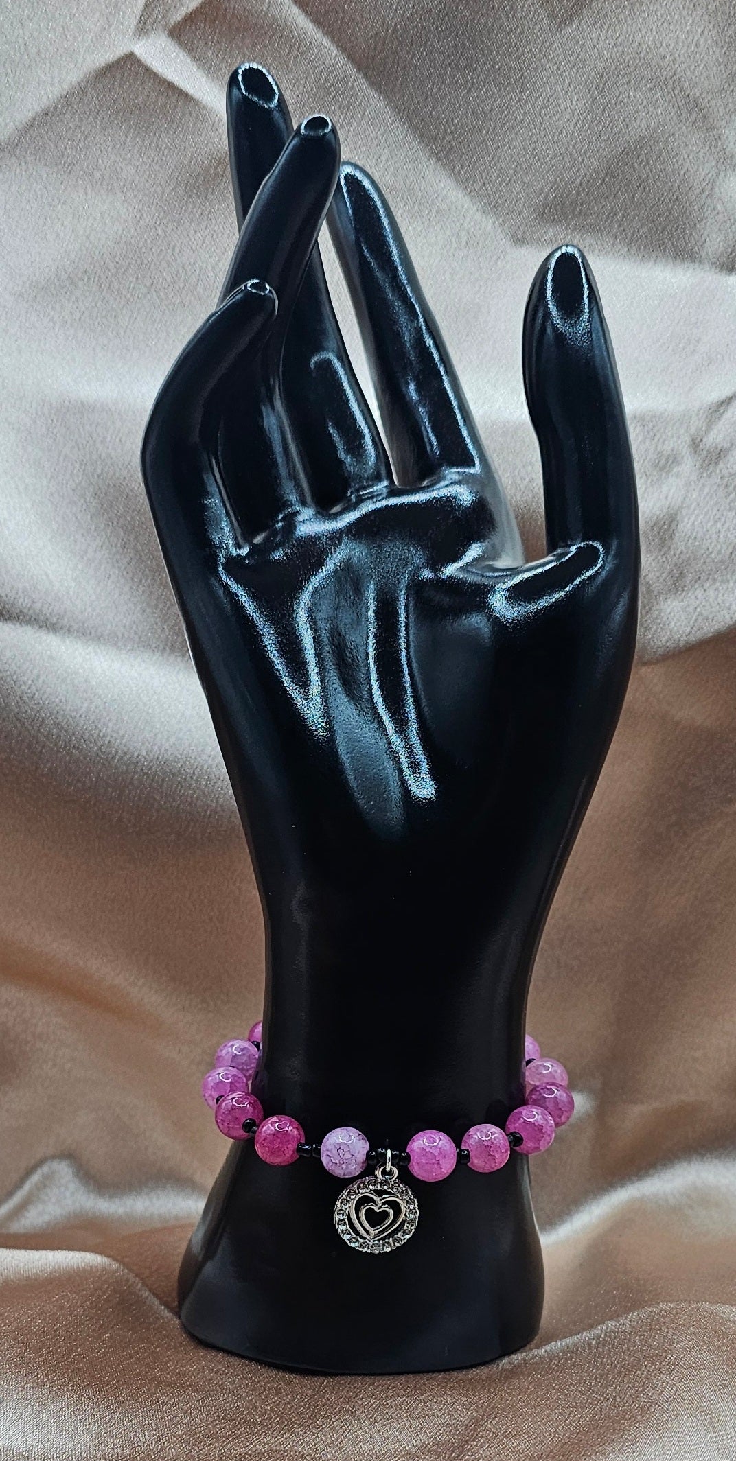 Pink Beaded Bracelet | Rhinestone Heart Charm & Black Accents | Handmade Coquette Jewellery Australia