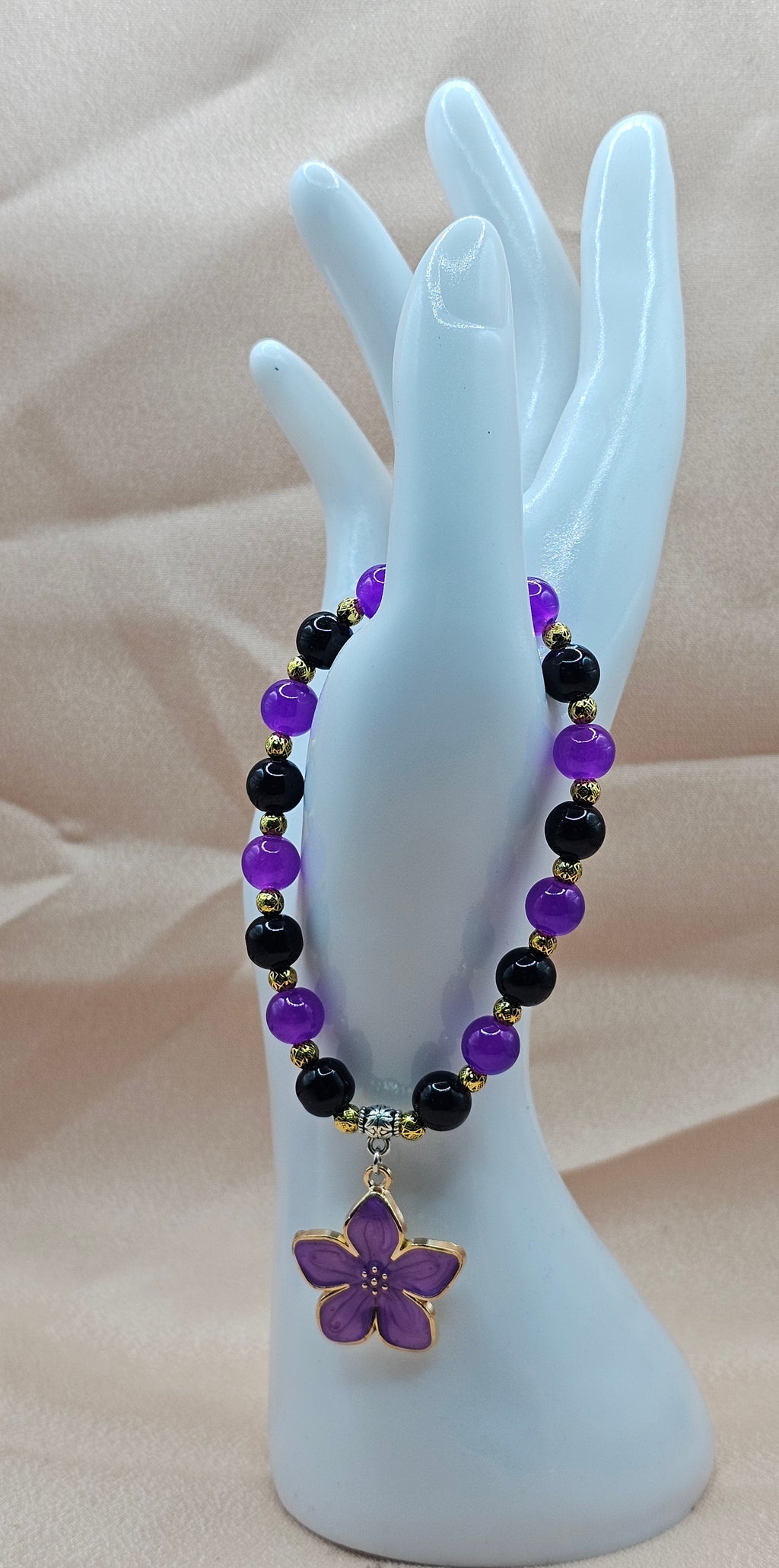 Purple Flower Charm Bracelet | Deep Purple & Black Beads with Gold Accents | Handmade Witchy Jewellery Australia