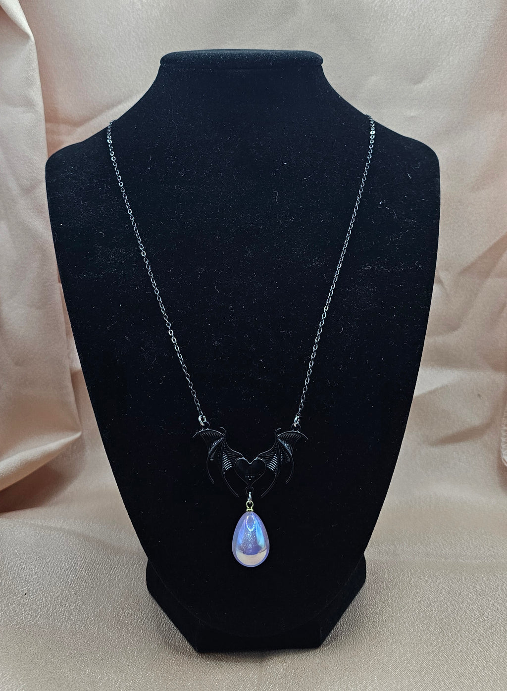 Gothic Bat Wing Heart Necklace | Lavender Teardrop Pendant | Soft Goth Handmade