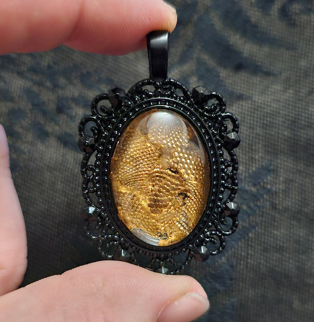 Real Lizard Shed Resin Pendant | Dragon Scale Texture in Black Gothic Frame | Handmade Witchy Jewellery