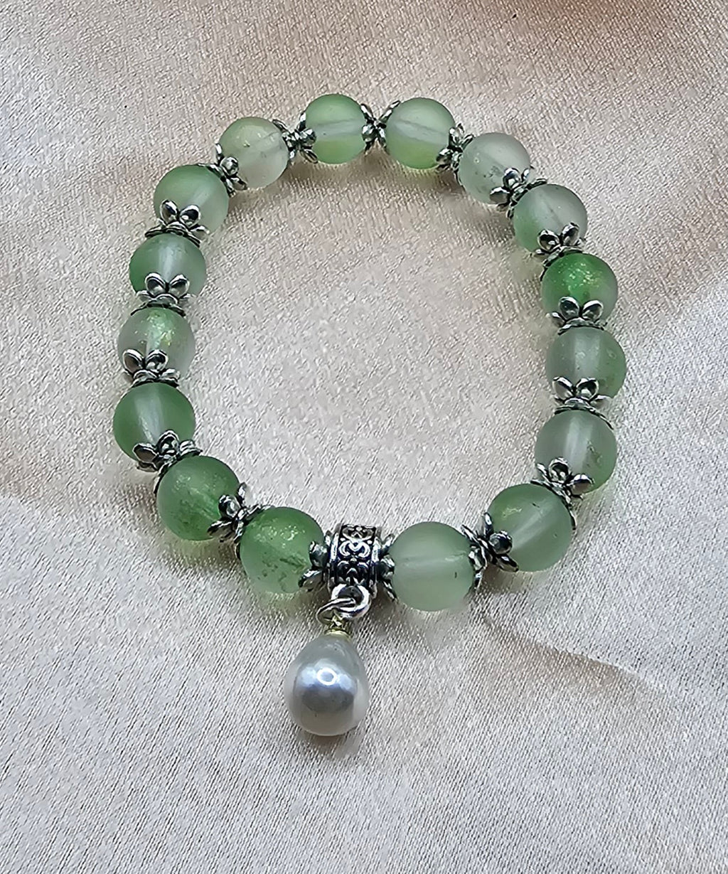 Frosted Green Aventurine Bracelet | Pearl Charm & Silver Floral Caps | Handmade Cottagecore Jewellery Australia