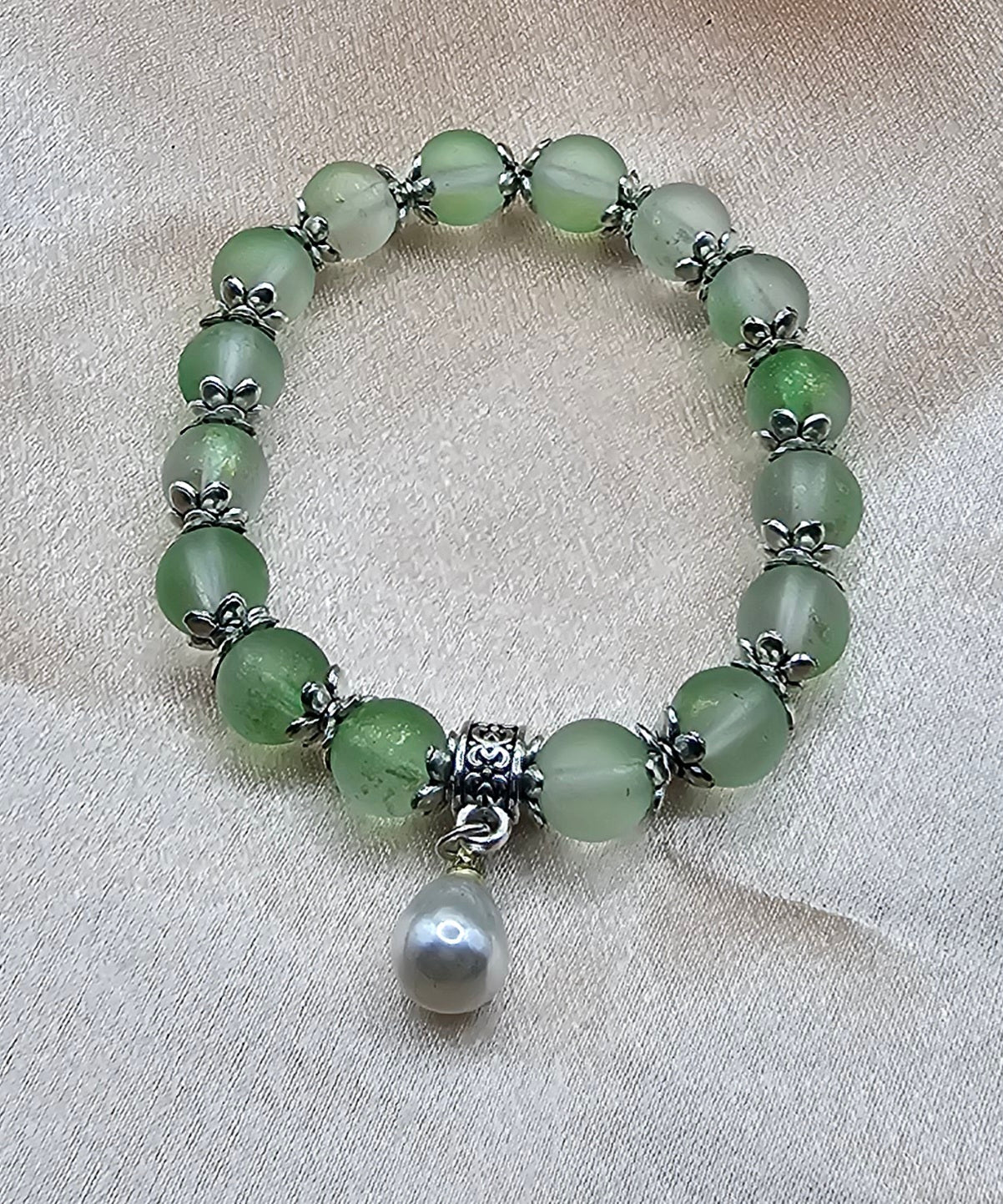 Frosted Green Aventurine Bracelet | Pearl Charm & Silver Floral Caps | Handmade Cottagecore Jewellery Australia