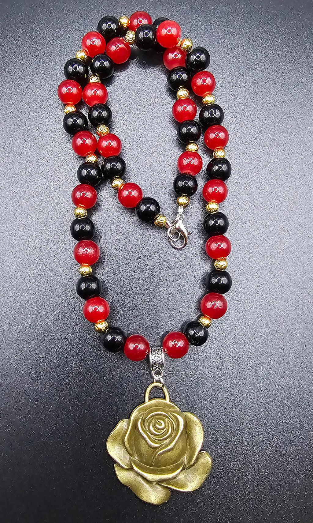 Handmade red and black beaded gothic romance necklace with antique gold rose pendant, jewellery Australia