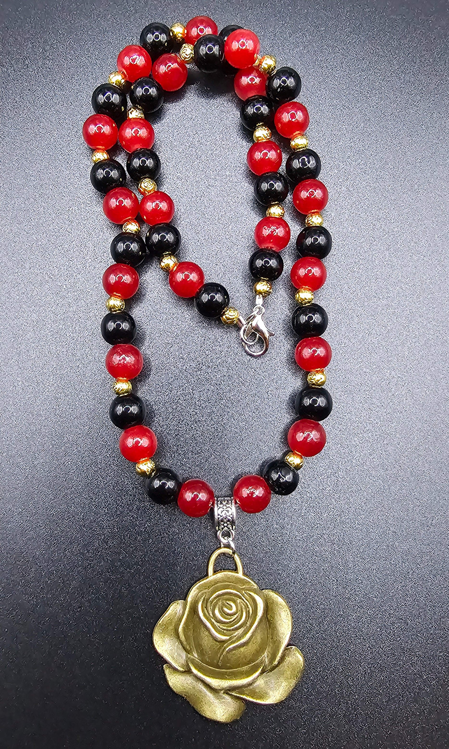 Handmade red and black beaded gothic romance necklace with antique gold rose pendant, jewellery Australia