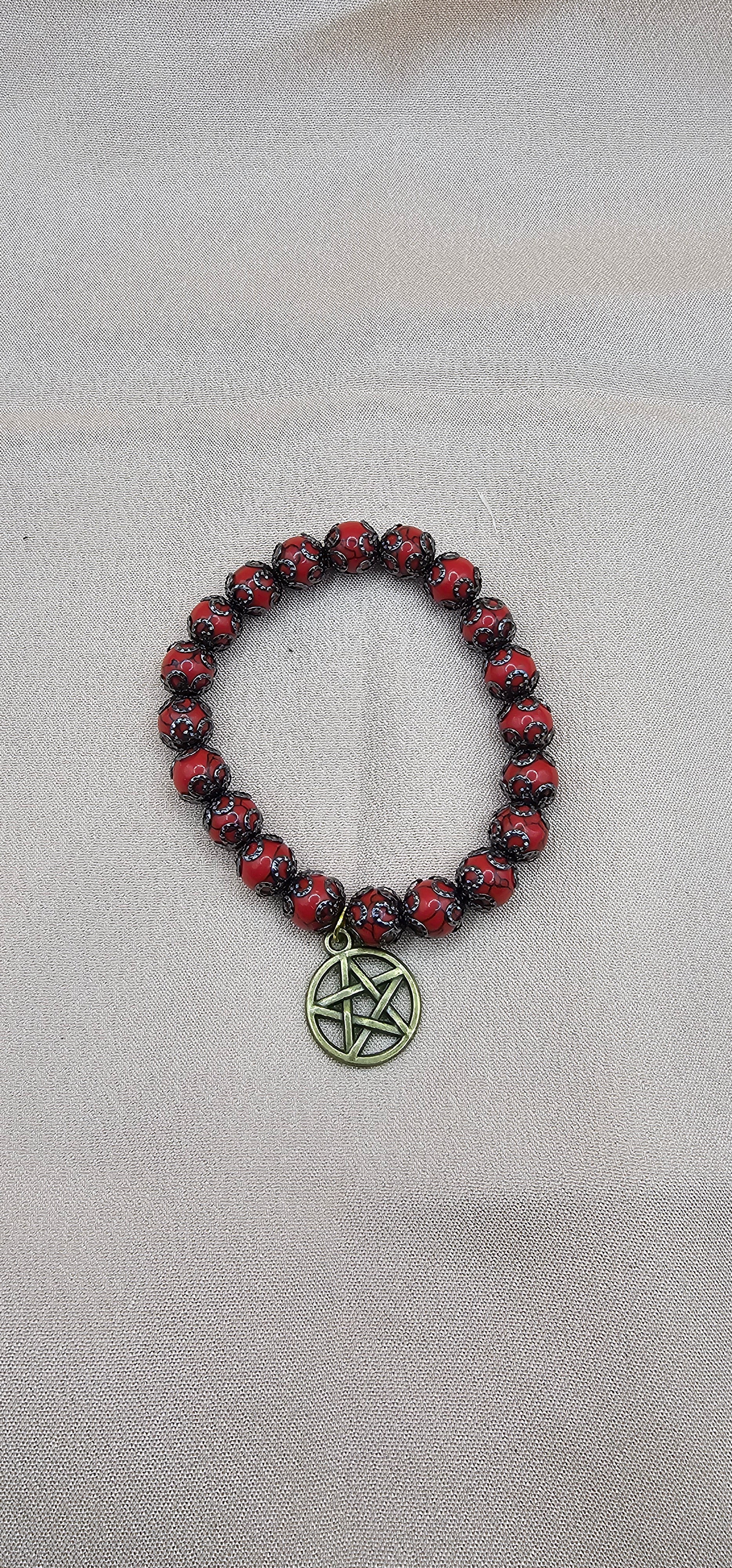 Crimson Pentagram Charm Bracelet | Witchy Gothic Beaded Bracelet | Handmade Dark Jewellery Australia