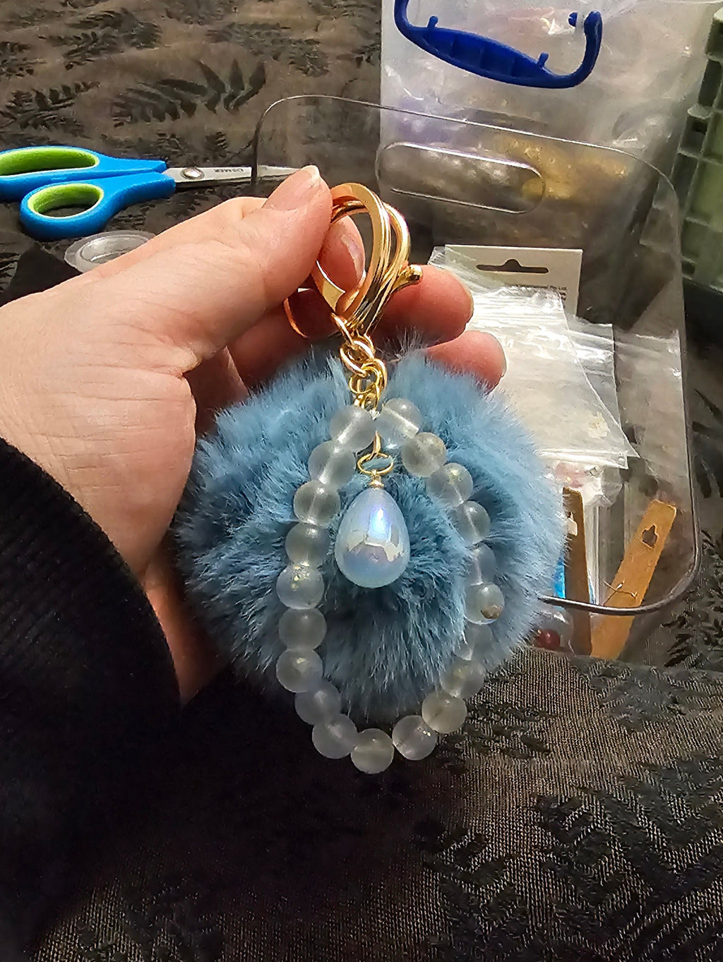Blue Pom Pom Beaded Keychain | Frosted Bead & Iridescent Teardrop | Handmade Coquette Accessory